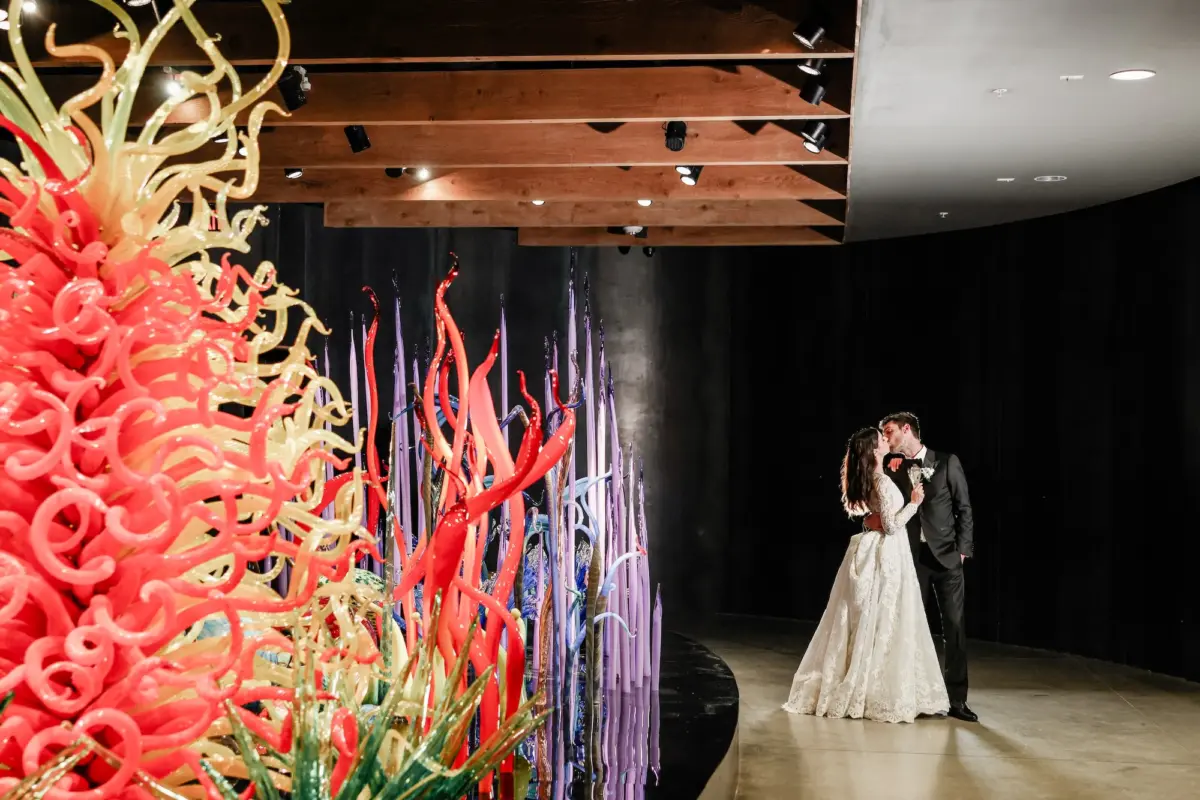 Bride and Groom Wedding Reception Portrait at Venue The Chihuly Collection at the Morean Arts Center | Tampa Bay Wedding Photographer Lifelong Photography Studio