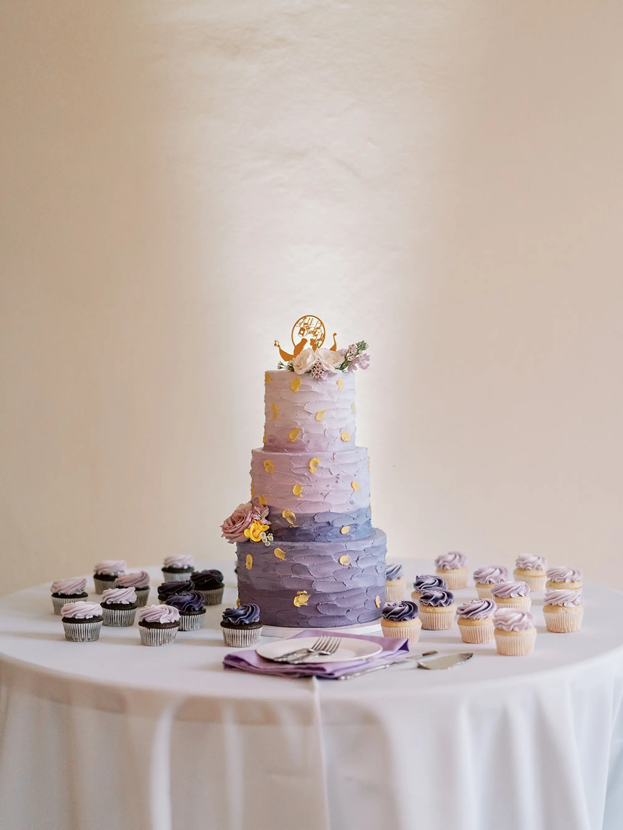 Three Tiered Ombre Purple with Gold Accents and Florals Disney Tangled Theme Wedding Cake Inspiration