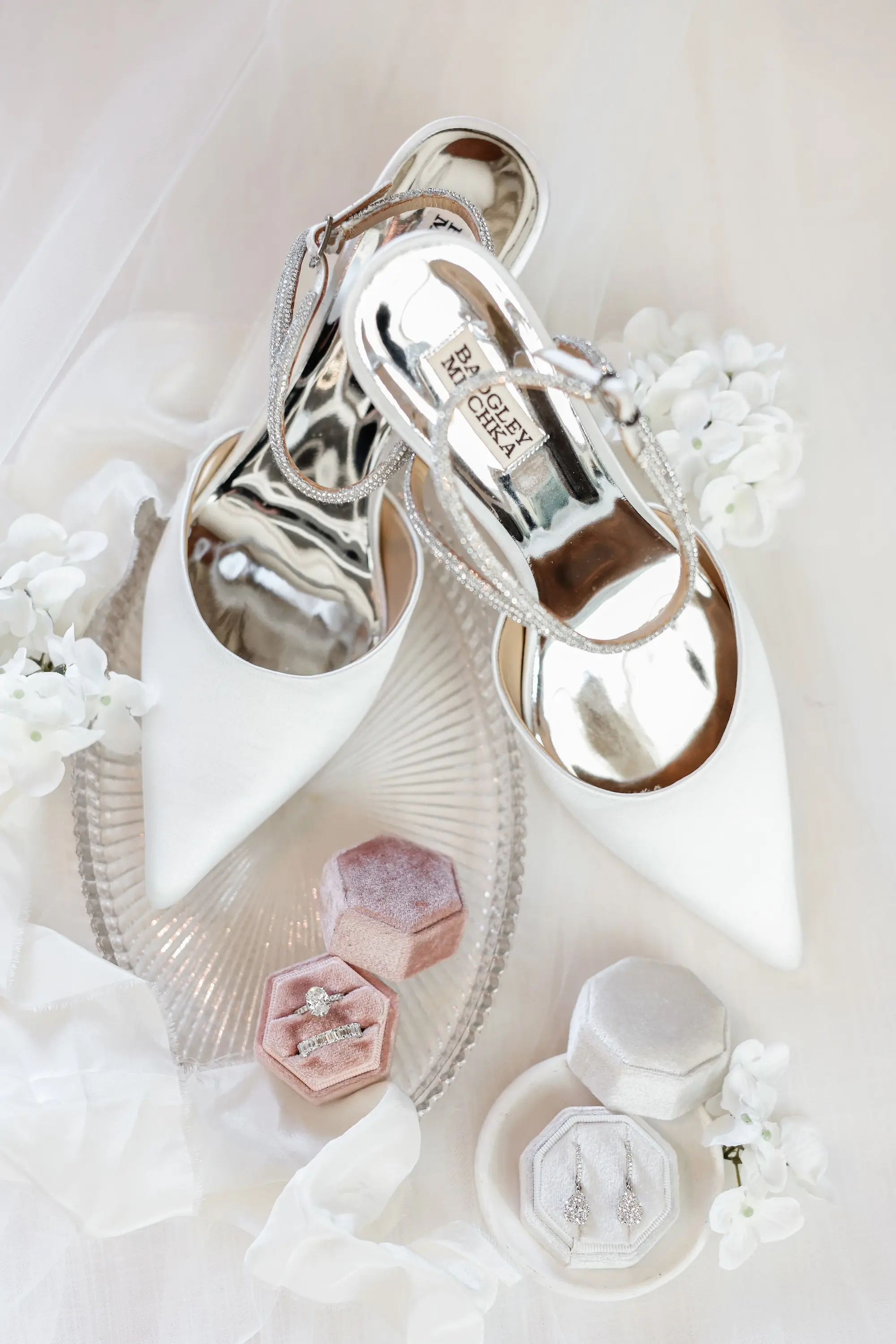 White Badgley Mischka Wedding Heels Inspiration | Blush Pink and White Velvet Ring Boxes Ideas