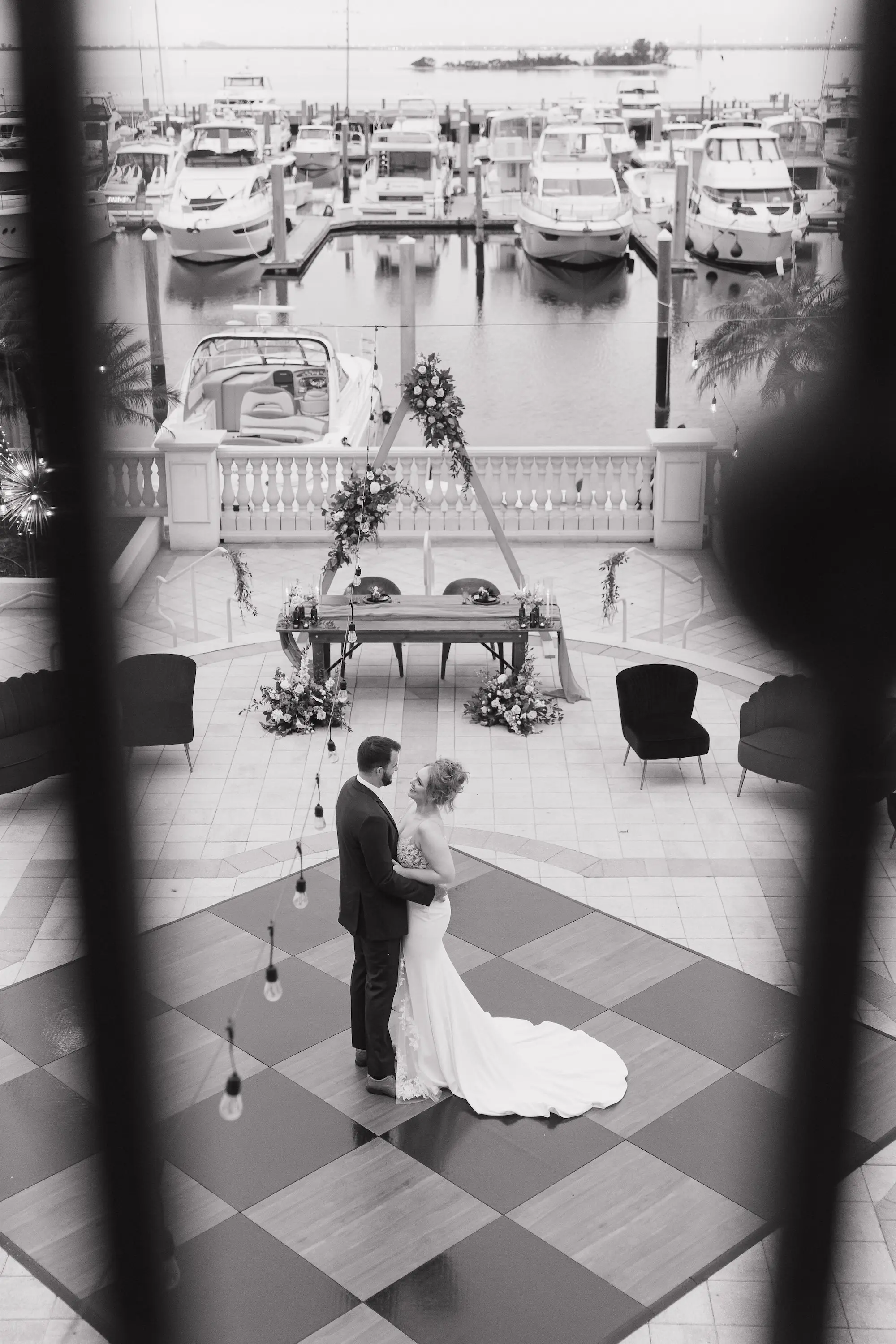 Black and White Groom and Bride Wedding Portrait | South Tampa Bay Waterfront Wedding Venue Westshore Yacht Club