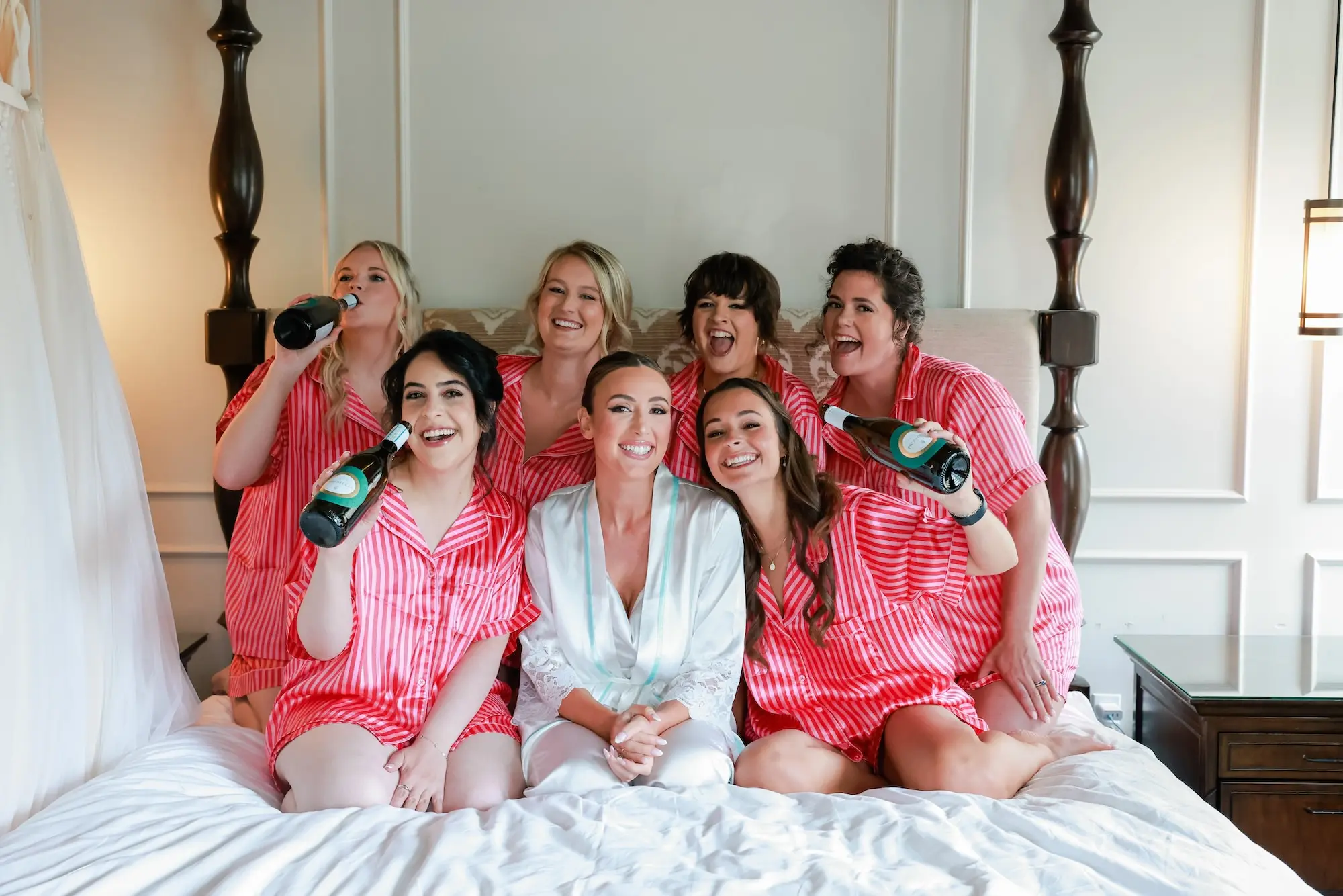 4Elegant Green White and Gold Ballroom Wedding jpg - Tropical Green and White Downtown St. Pete Wedding | The Birchwood Bride and Bridesmaids Getting Ready Wedding Portrait | Matching Pink Stripe Pajamas