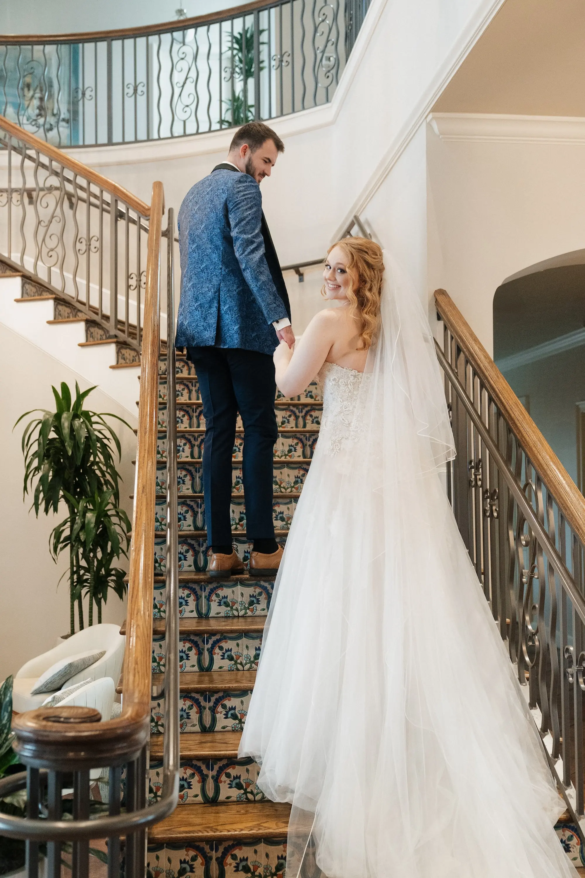Romantic Groom and Bride Staircase Wedding Portrait | Outdoor Waterfront Wedding Reception Venue Inspiration | South Tampa Bay Waterfront Wedding Venue Westshore Yacht Club