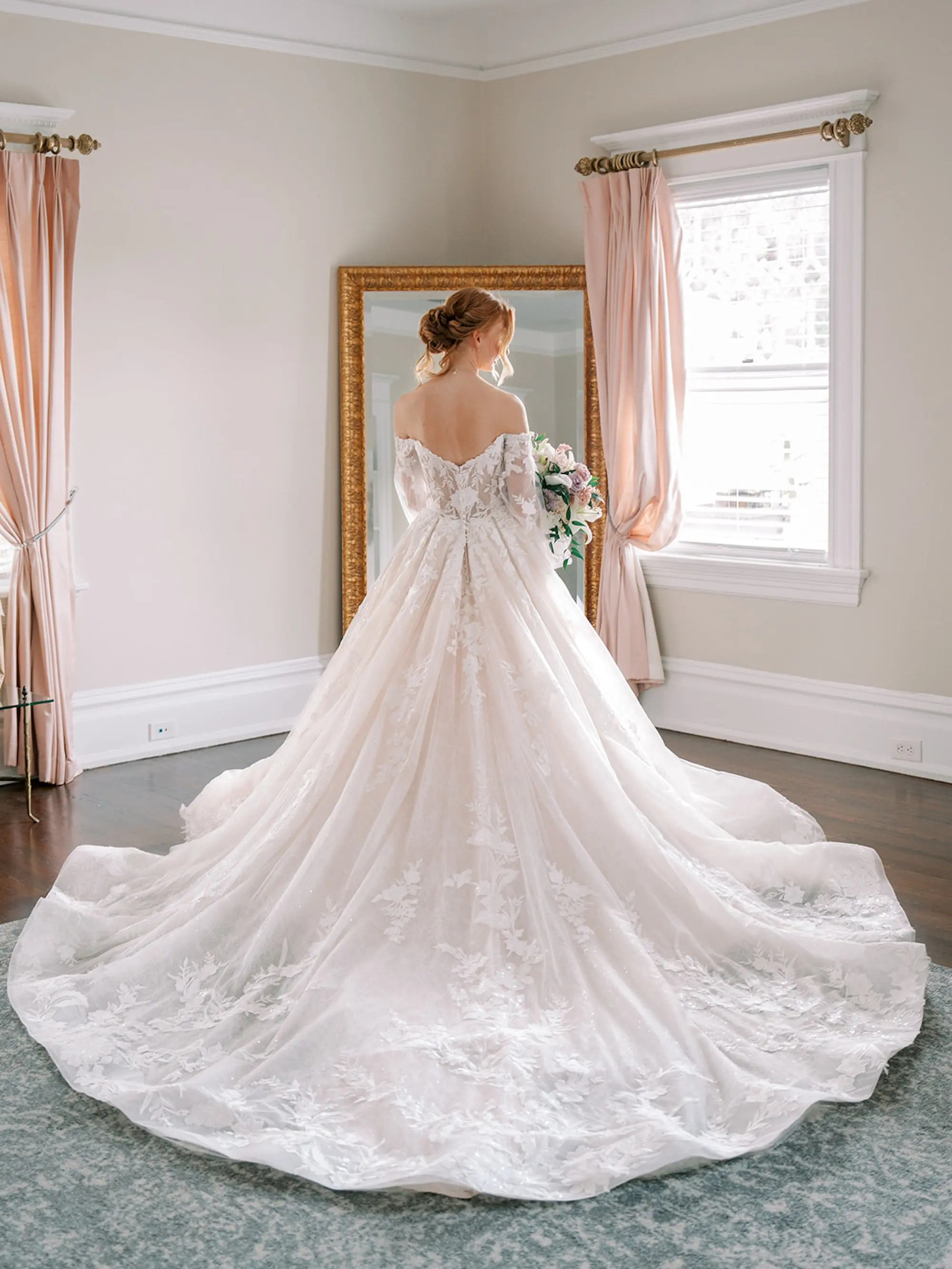 Bride Wedding Portrait | Romantic Rapunzel Allure Bridals Disney Fairytale Weddings White Ballgown Wedding Gown with Sweetheart Neckline and Off-the-Shoulder Chiffon Flowy Long Sleeves and Long Train Inspiration | South Tampa Photographer Eddy Almaguer Photography