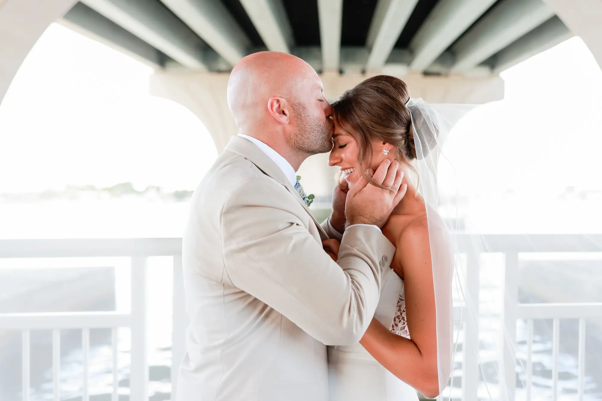 Bride and Groom Riverfront Wedding Portrait | Classic Long Veil Ideas | St Pete Photographer Lifelong Photography Studio