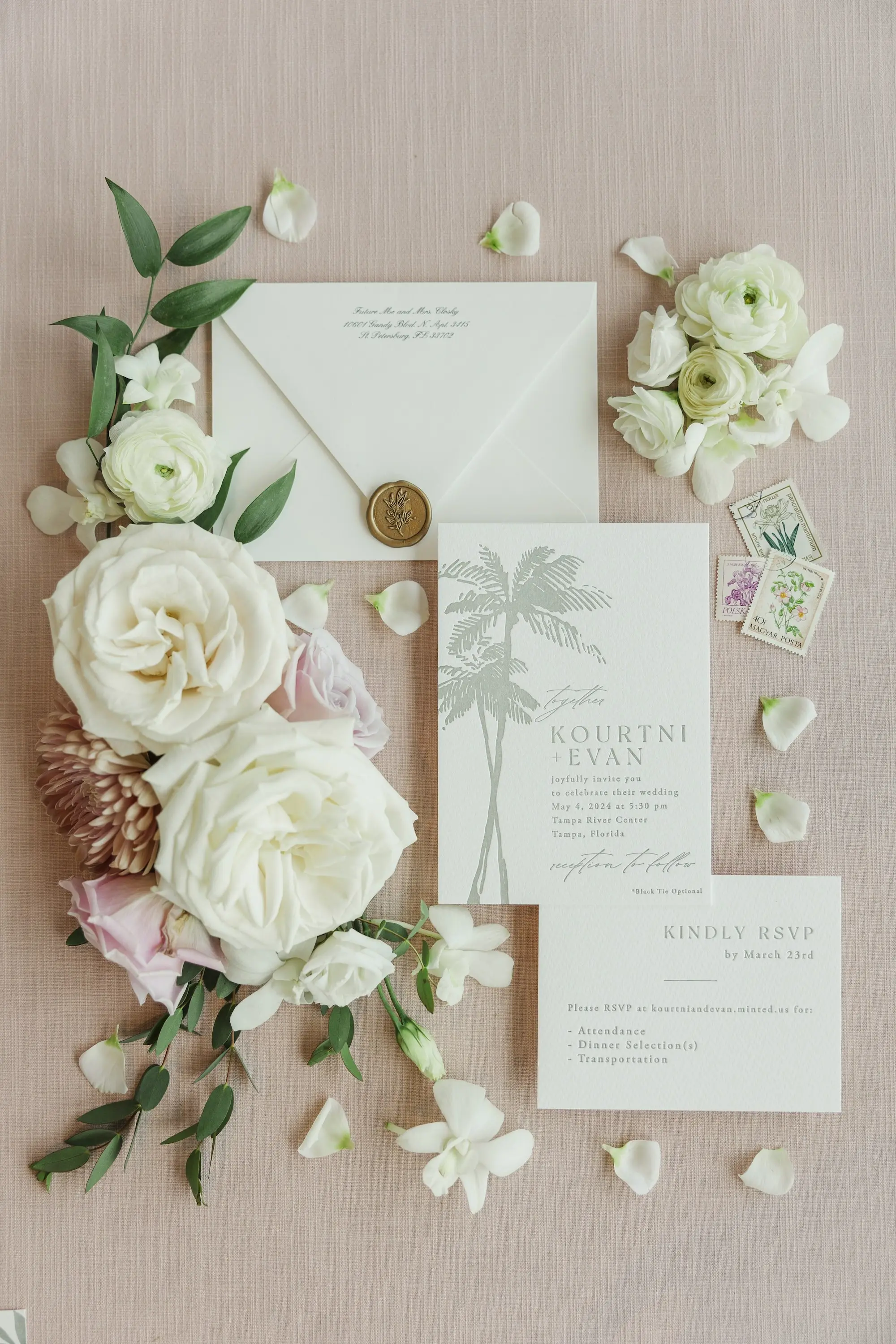Elegant White with Gold Wax Seal and Sage Details Wedding Invitation Suite Inspiration | Light Pink and White Floral Ideas | Tampa Bay Florist Save The Date Florida