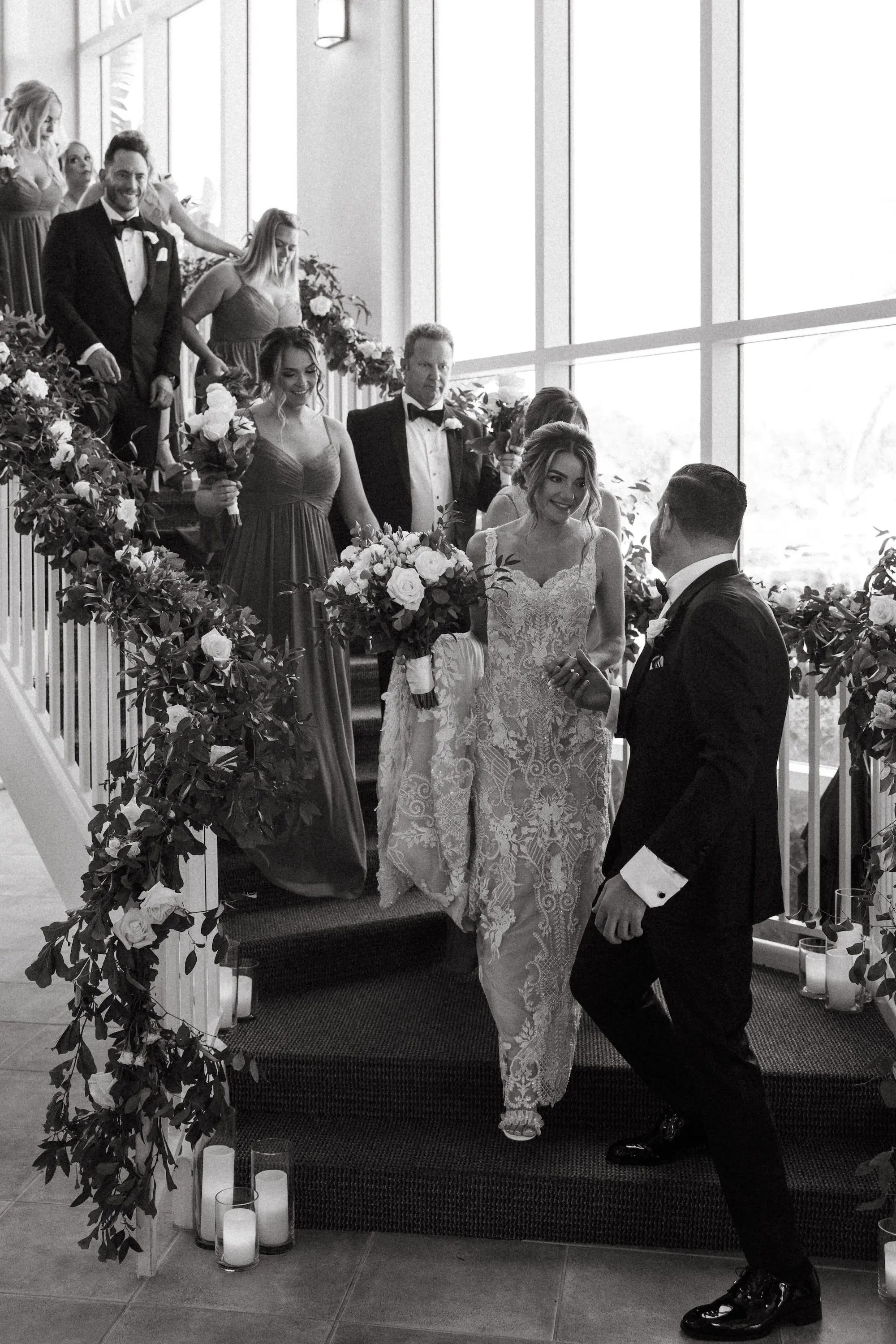 Black and White Bride and Groom with Bridal Party Wedding Portrait