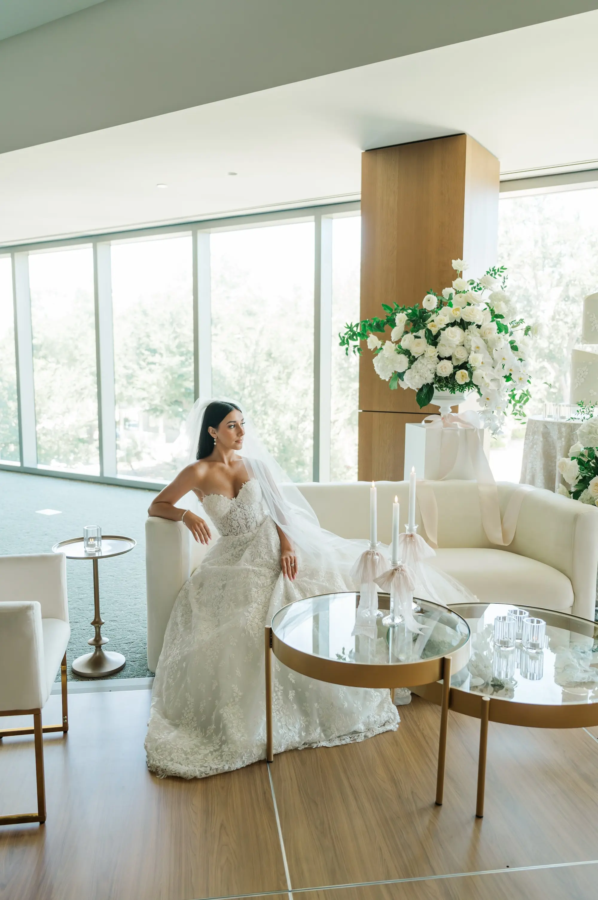 White Lace Wedding Dress Inspiration | Elegant Cream Wedding Reception Lounge Furniture Ideas