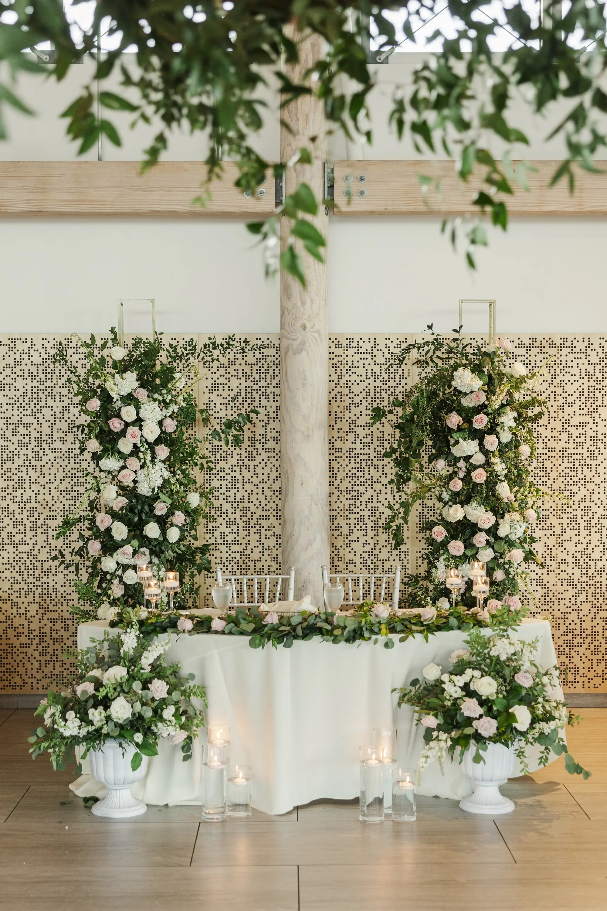 Romantic Classic Sweetheart Table with White Linens and Lush Light Pink and White Roses Floral Arrangements Wedding Reception Decor Inspiration | Tampa Bay Florist Save The Date Florida
