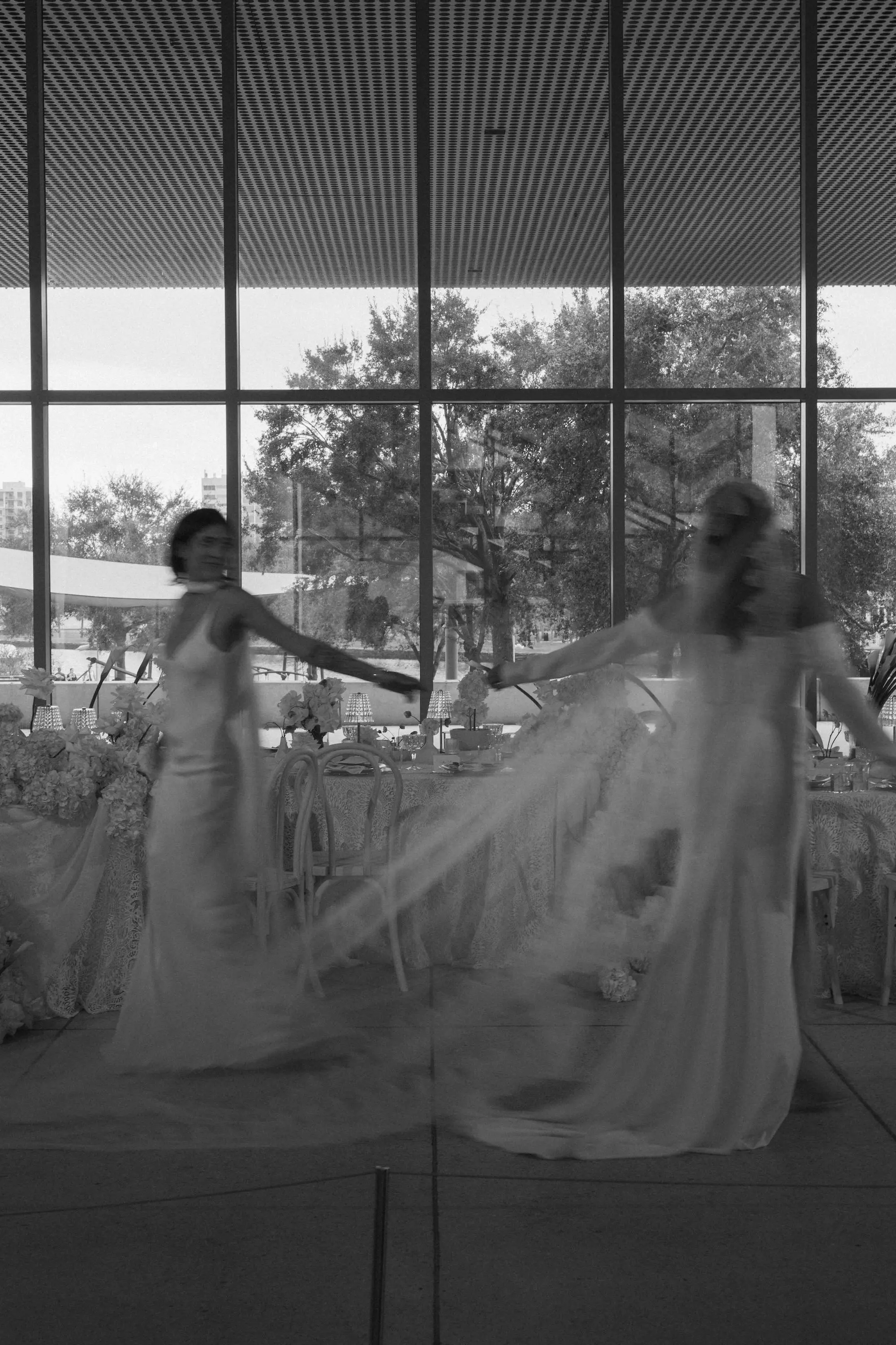 40Modern White Same Sex Lesbian Wedding Inspiration Tampa Museum of Art jpg - “Best Of” 2025: Wedding Receptions Part 2 Black and White Bride and Bride Blurred Wedding Portrait | Tampa Bay Photographer Amber Yonker Photography