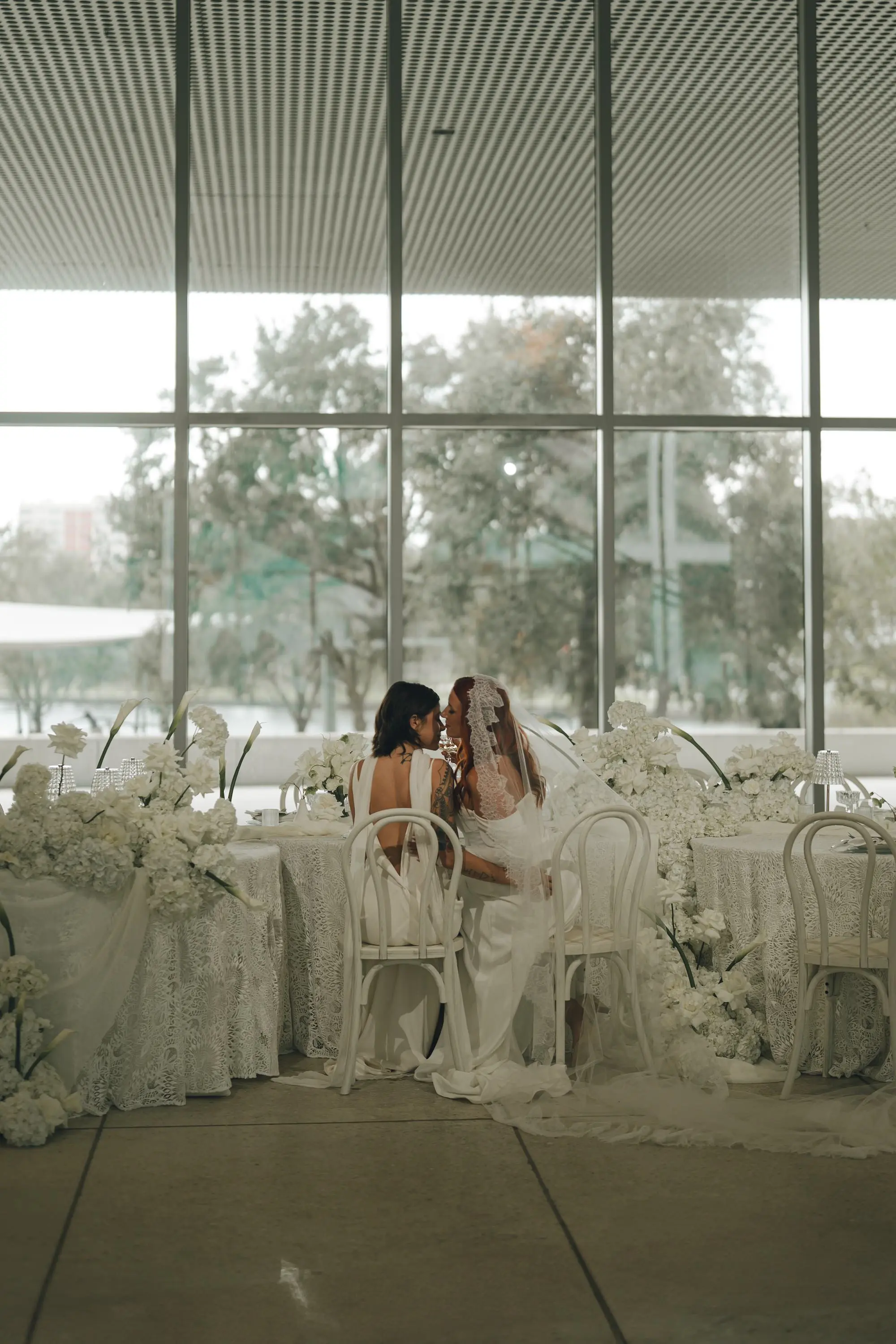 Same Sex Wedding Portrait | White Monochromatic Wedding Reception Decor Ideas | Tampa Bay Photographer Amber Yonker Photography | Event Venue Tampa Museum of Art