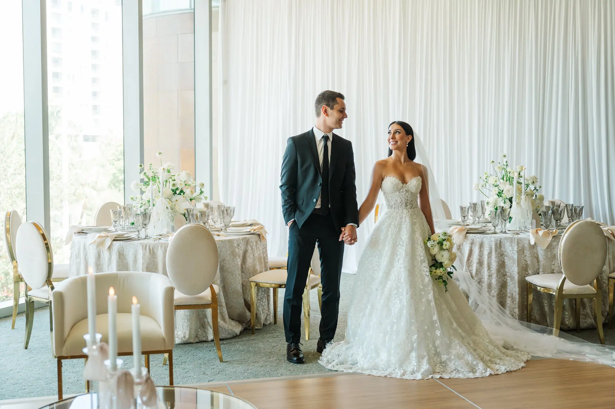 Bride and Groom Wedding Portrait | Sophisticated Cream and Taupe Wedding Reception Decor Ideas | St Pete Event Venue Museum of the American Arts and Crafts Movement | Florist Bruce Wayne Florals