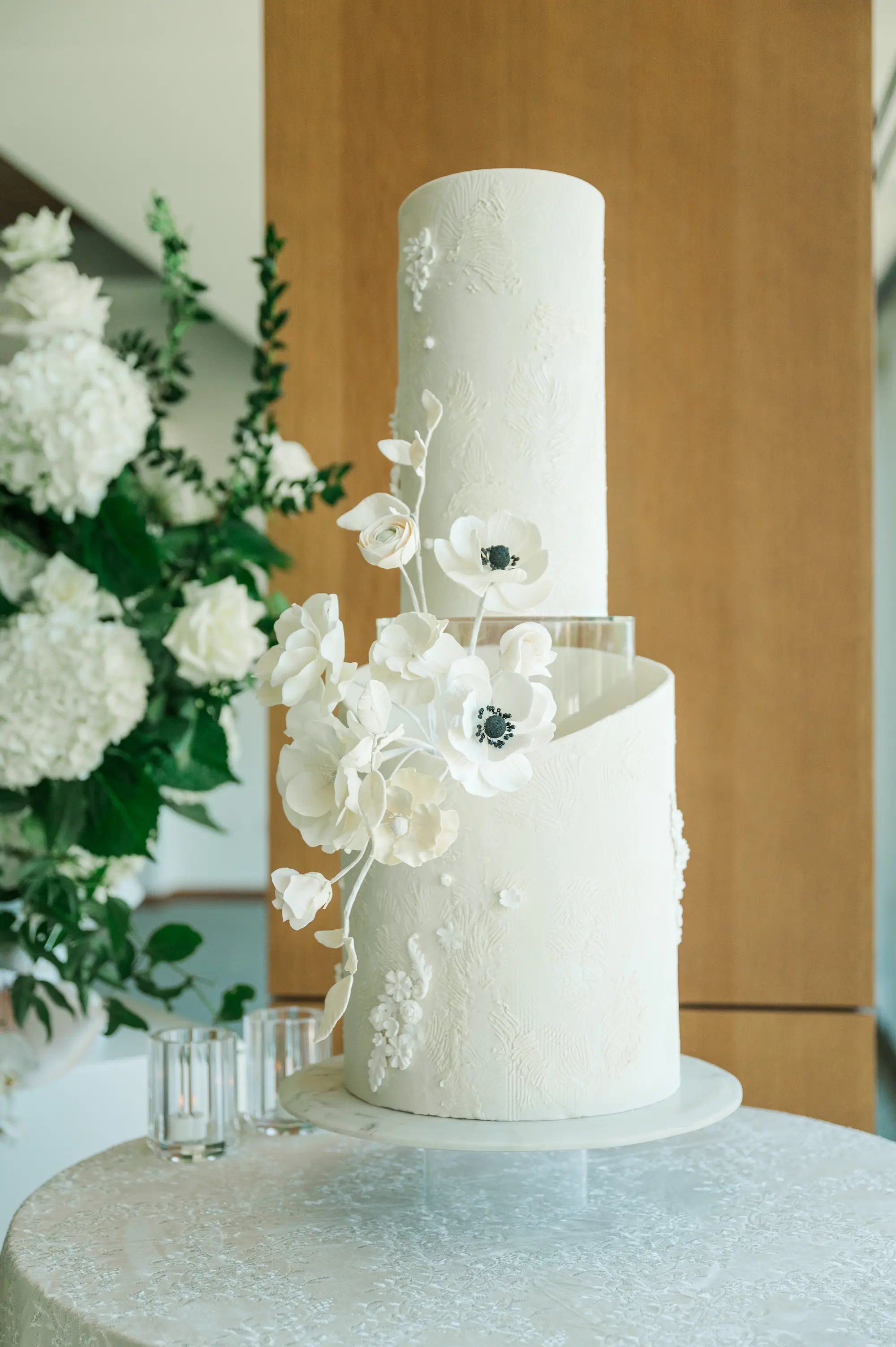 White Lace Two-Tiered Wedding Cake with White Flowers Inspiration | Tampa Bay Florist Bruce Wayne Florals