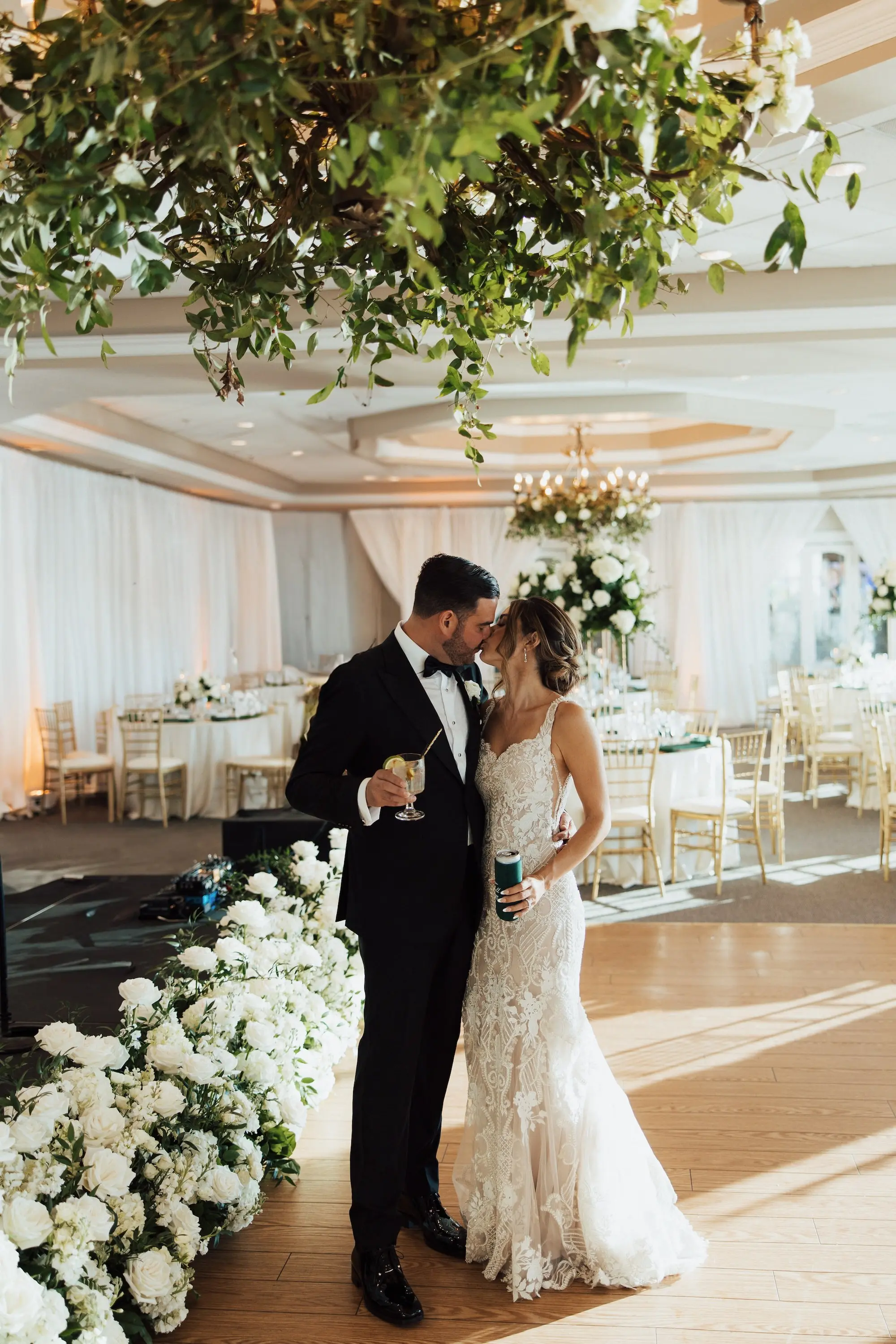 Bride and Groom Wedding Reception Portrait | White and Cream Floral Ballroom Wedding Reception Decor Inspiration | Tampa Bay Event Venue Isla Del Sol Yacht and Country Club