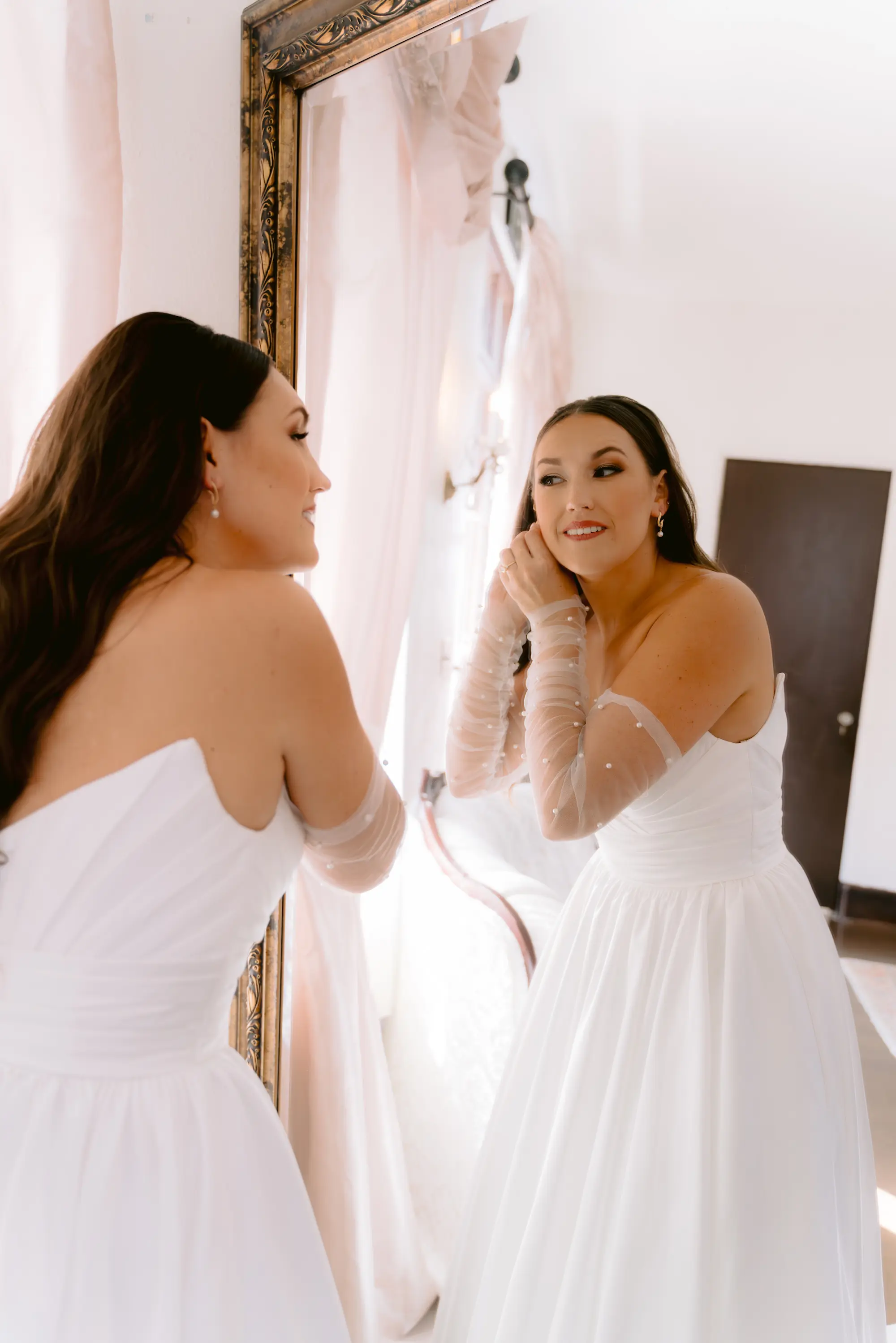 White Strapless Zavana Couture A-Line Wedding Dress with Tulle Gloves Inspiration