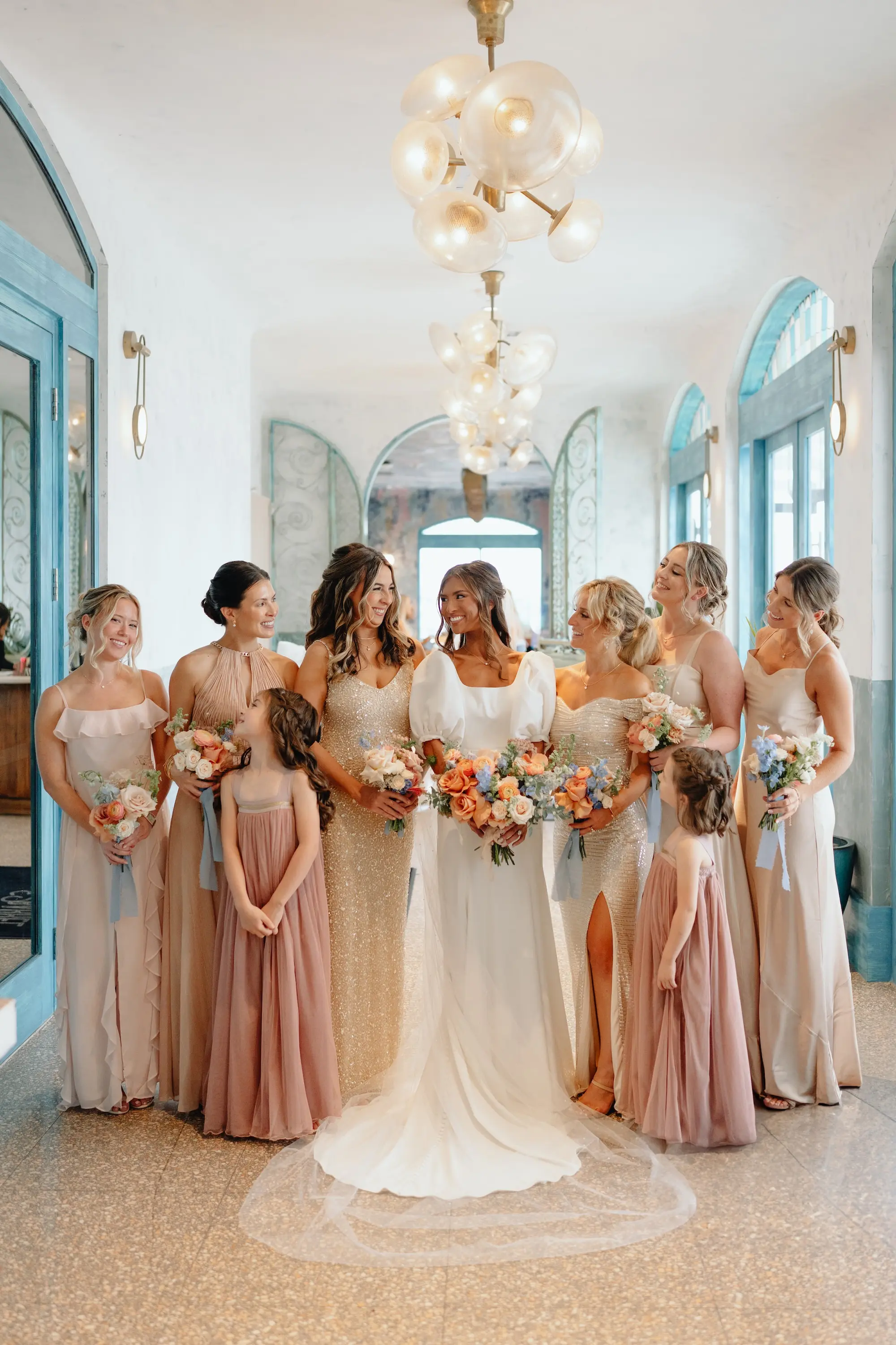 Brides and Bridesmaids Wedding Portrait | Mismatched Neutral Champagne Bridesmaids Dress Wedding Attire Inspiration