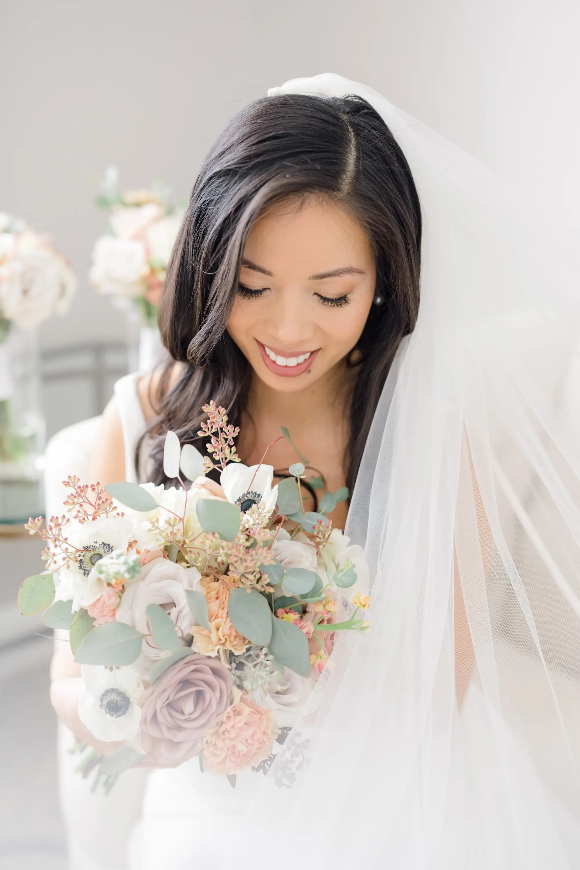 10Romantic Pastel and Navy Sarasota Wedding Inspiration jpg - Timeless Gold and Green Sarasota Wedding | Lakewood Ranch Golf & Country Club Bride Wedding Portrait | Traditional Tulle Veil Inspiration | Relaxed Curled Wedding Hair with Natural Beauty Makeup Ideas | White and Blush Florals Delphinium, Roses, Ranunculus Bridal Bouquets with Eucalyptus Leaves Inspiration | Susan Elizabeth Weddings Tampa Wedding Photographer