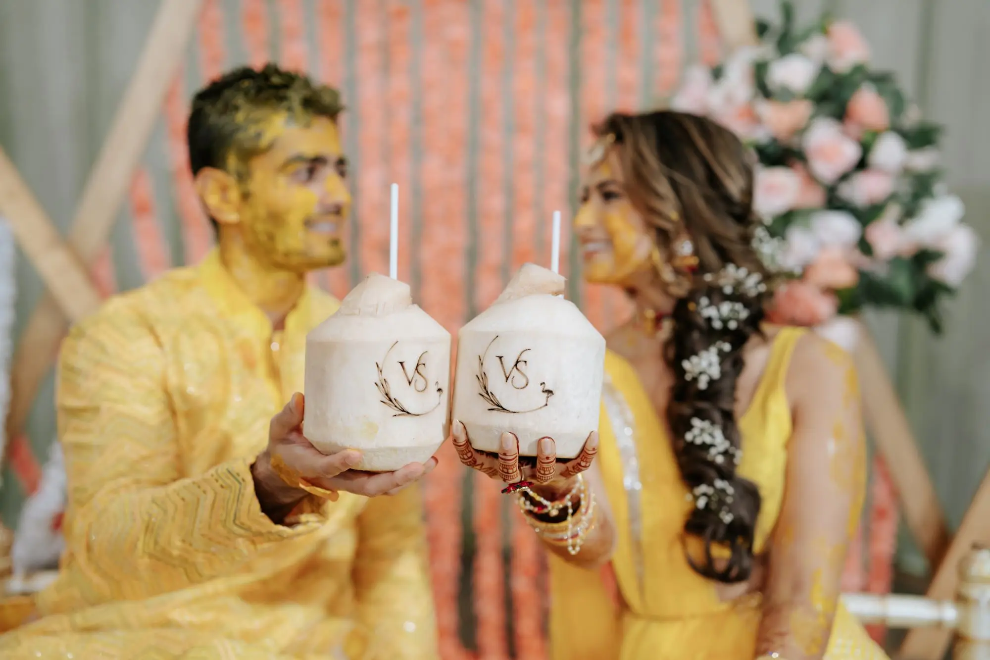 Bride and Groom Haldi Wedding Ceremony Coconut Drink Inspiration | Traditional Indian Wedding Clothing Yellow Lehenga Choli and Kurta Pajama Set Ideas