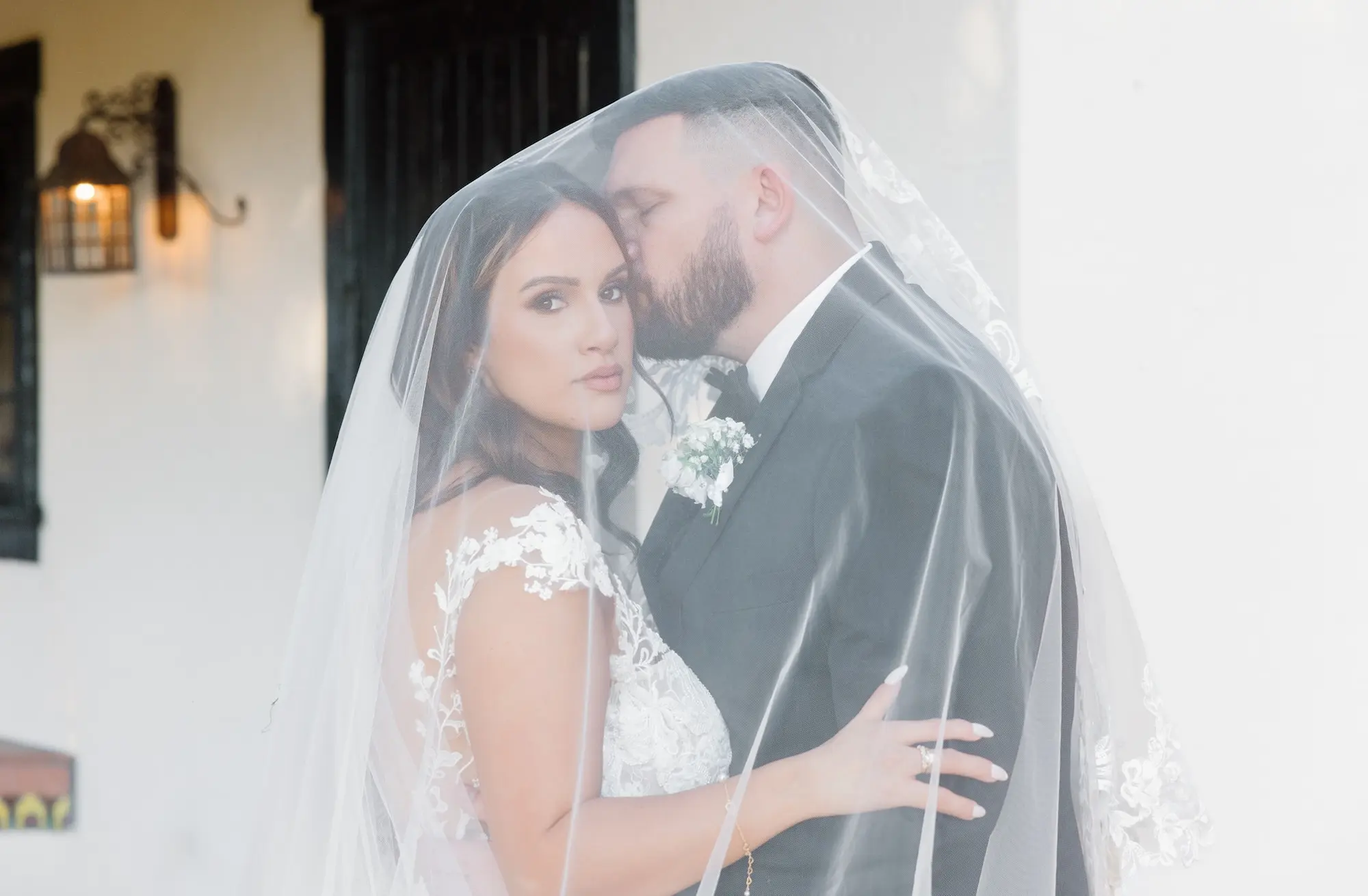 Bride and Groom in Veil Wedding Portrait | Black and White Classic European Style Estate Wedding Inspiration