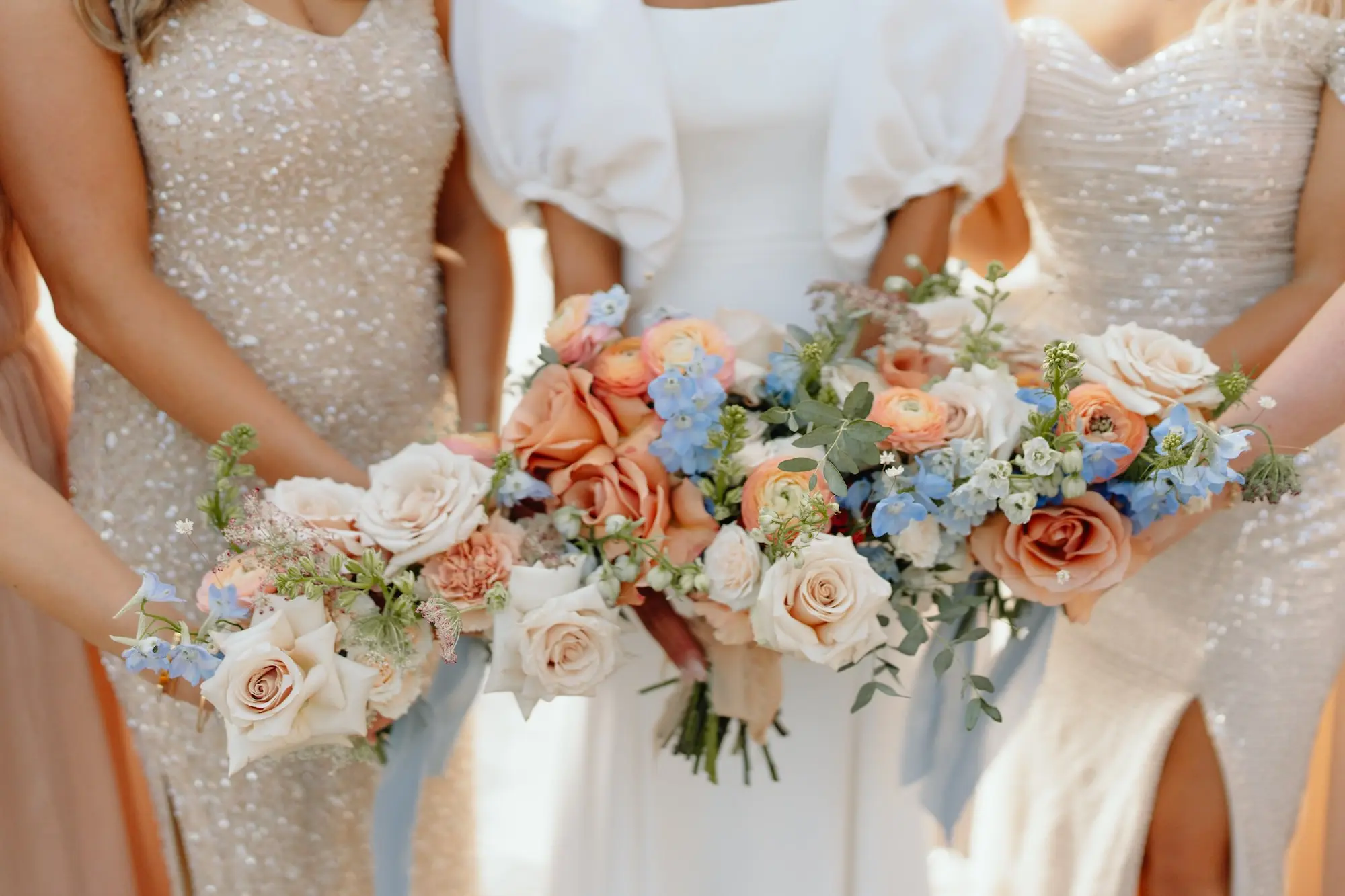 Dusty Blue, Pink, Mauve, Champagne with Ribbons Wedding Bouquet Ideas | Romantic Blue, Orange, and Pink Flowers Inspiration | Champagne Bridesmaid Dresses Ideas
