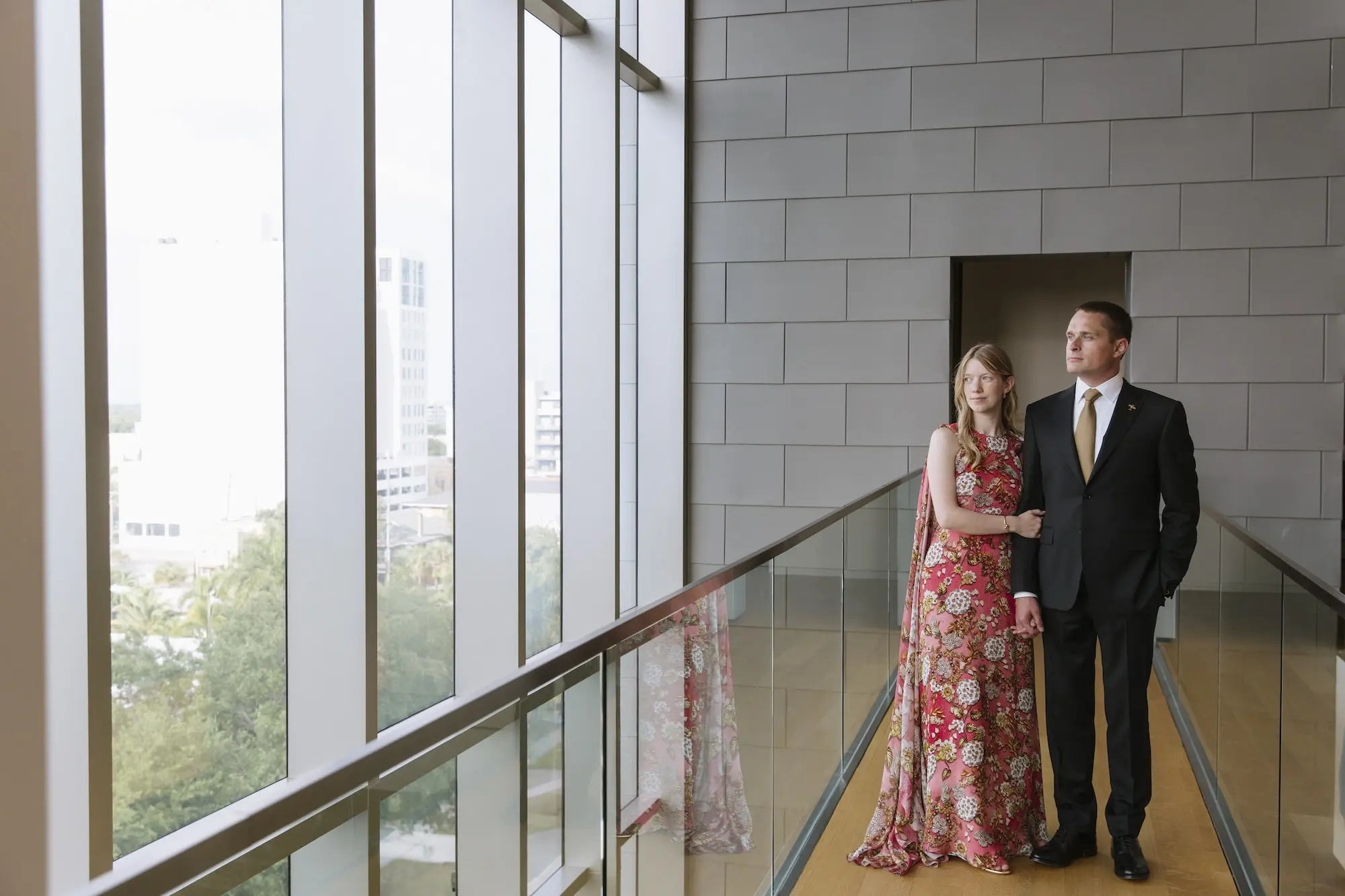 Bride and Groom Wedding Portrait | Museum of the American Arts & Crafts Movement St Pete Wedding Venue | Rosy Pink Floral Mary Katrantzou Wedding Gown Inspiration | Black Groom Tux with Gold Accents Ideas