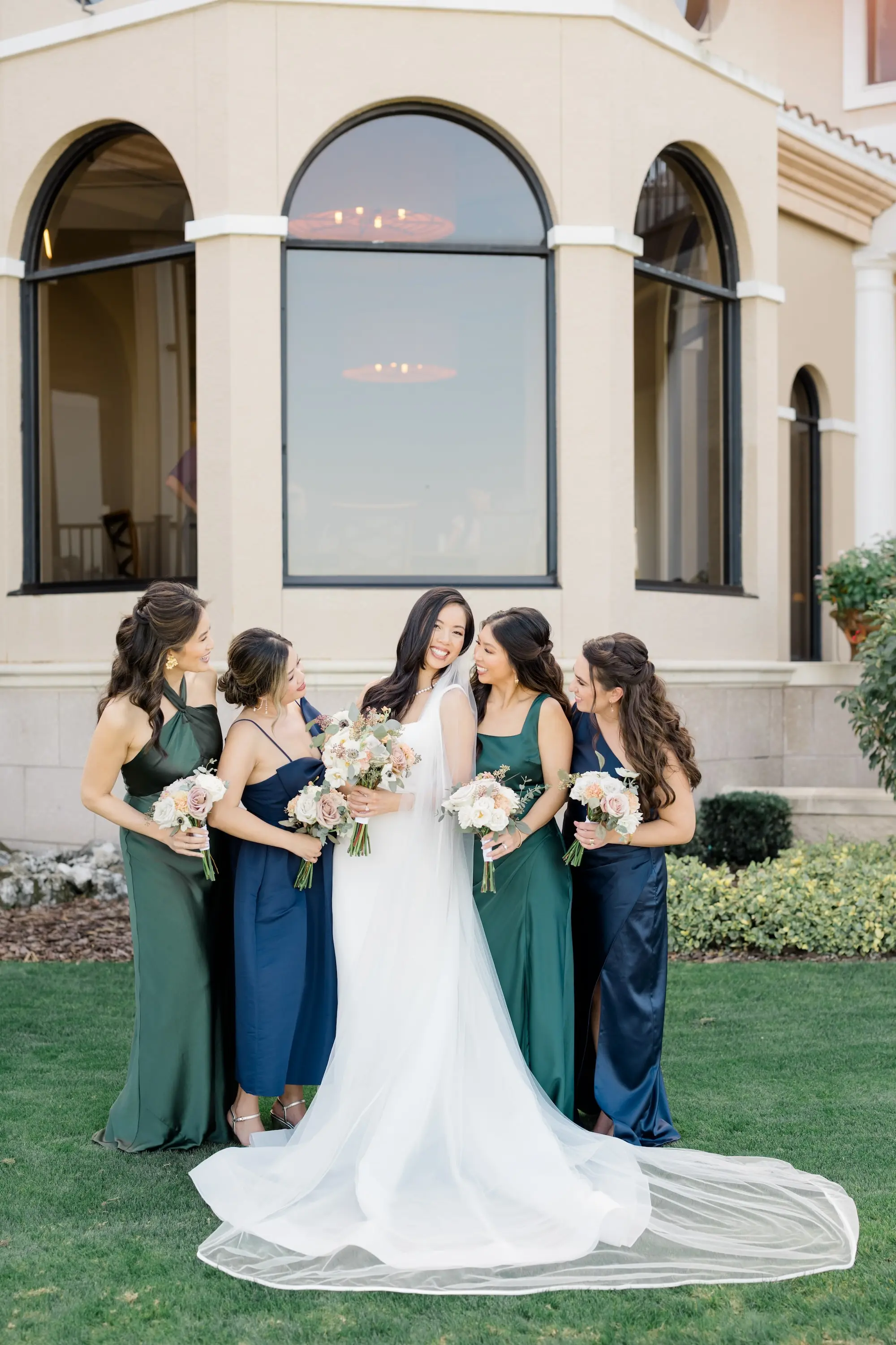 16Romantic Pastel and Navy Sarasota Wedding Inspiration jpg - Timeless Gold and Green Sarasota Wedding | Lakewood Ranch Golf & Country Club Bride with Bridesmaids Outdoor Wedding Portrait | Different Style Satin and Chiffon Dark Green and Navy Blue Bridesmaid Dresses Inspiration | Susan Elizabeth Weddings Tampa Wedding Photographer