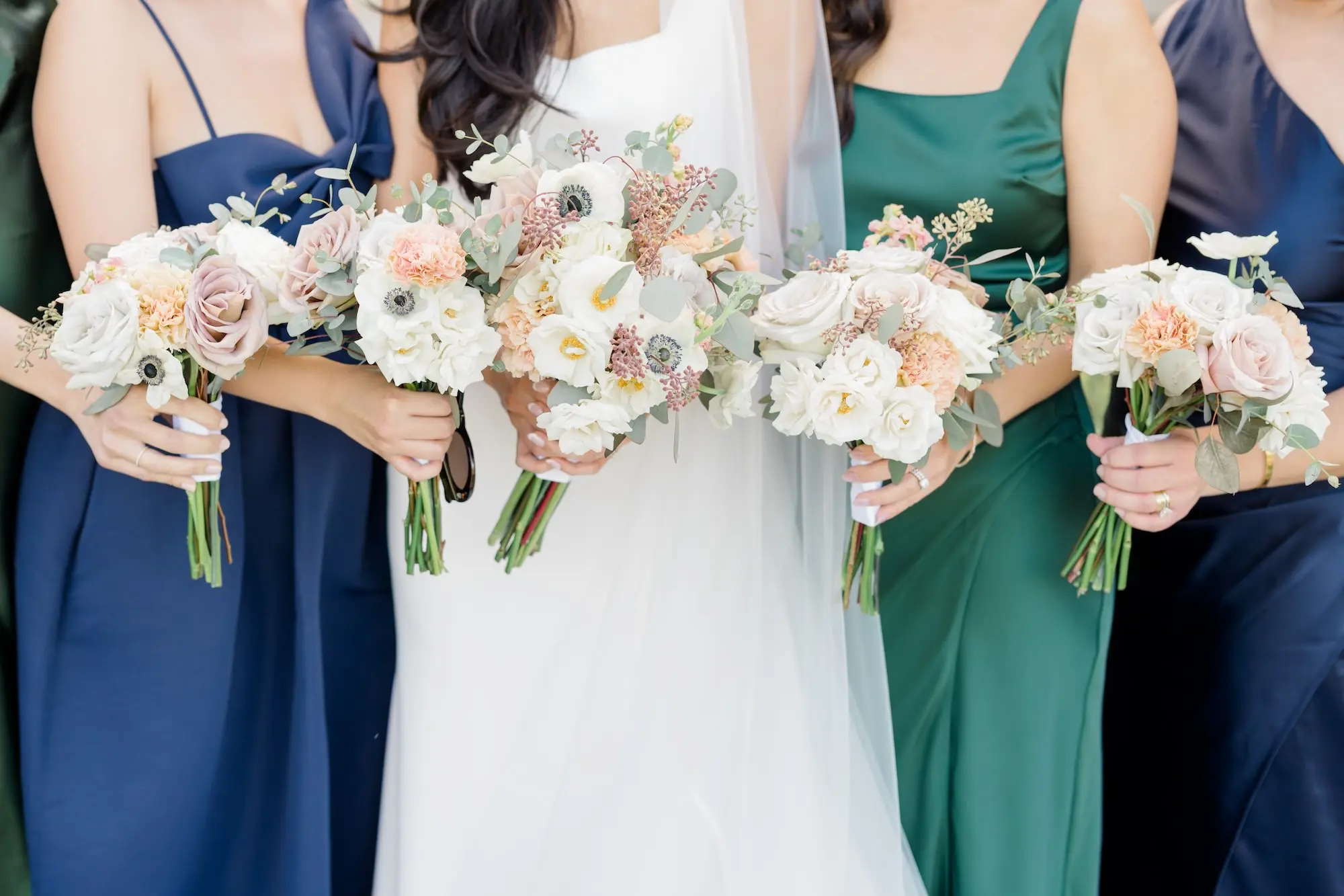 17Romantic Pastel and Navy Sarasota Wedding Inspiration jpg - Timeless Gold and Green Sarasota Wedding | Lakewood Ranch Golf & Country Club Bride with Bridesmaids Outdoor Wedding Portrait | Different Style Satin and Chiffon Dark Green and Navy Blue Bridesmaid Dresses Inspiration | White and Blush Florals Delphinium, Roses, Ranunculus Bridal Bouquets with Eucalyptus Leaves Ideas | Susan Elizabeth Weddings Tampa Wedding Photographer
