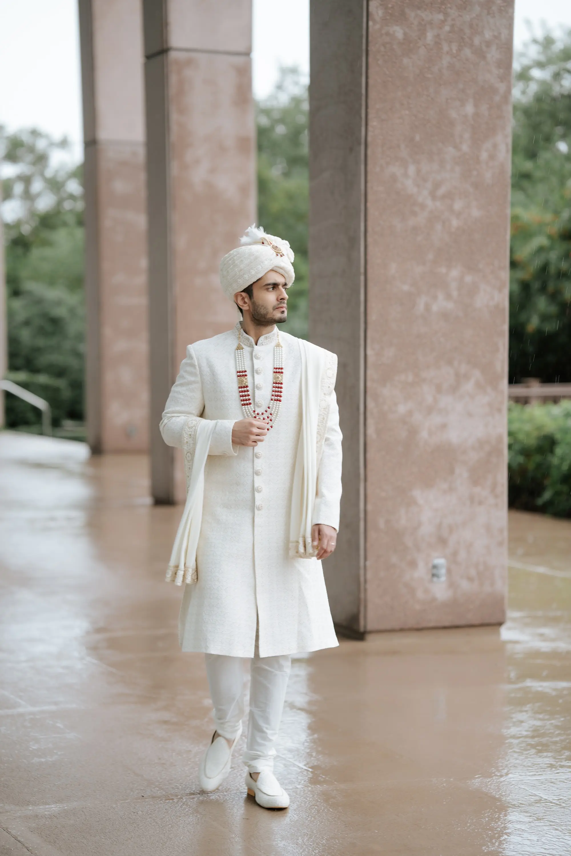 Groom in White Sherwani Wedding Attire Inspiration | White Turban and Stole Ideas