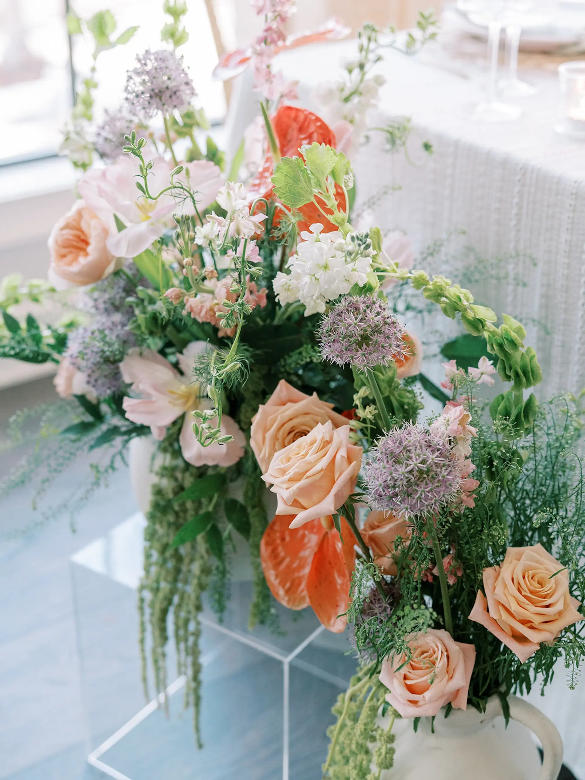26Elegant Pastel Tropical Wedding Inspriation jpg - “Best Of” 2025: Wedding Receptions Part 2 Tropical Coral, Pink and White Orchids, Anthium, Ranunculus Reception Centerpiece Inspiration | Tampa Bay Florist Save The Date Florida
