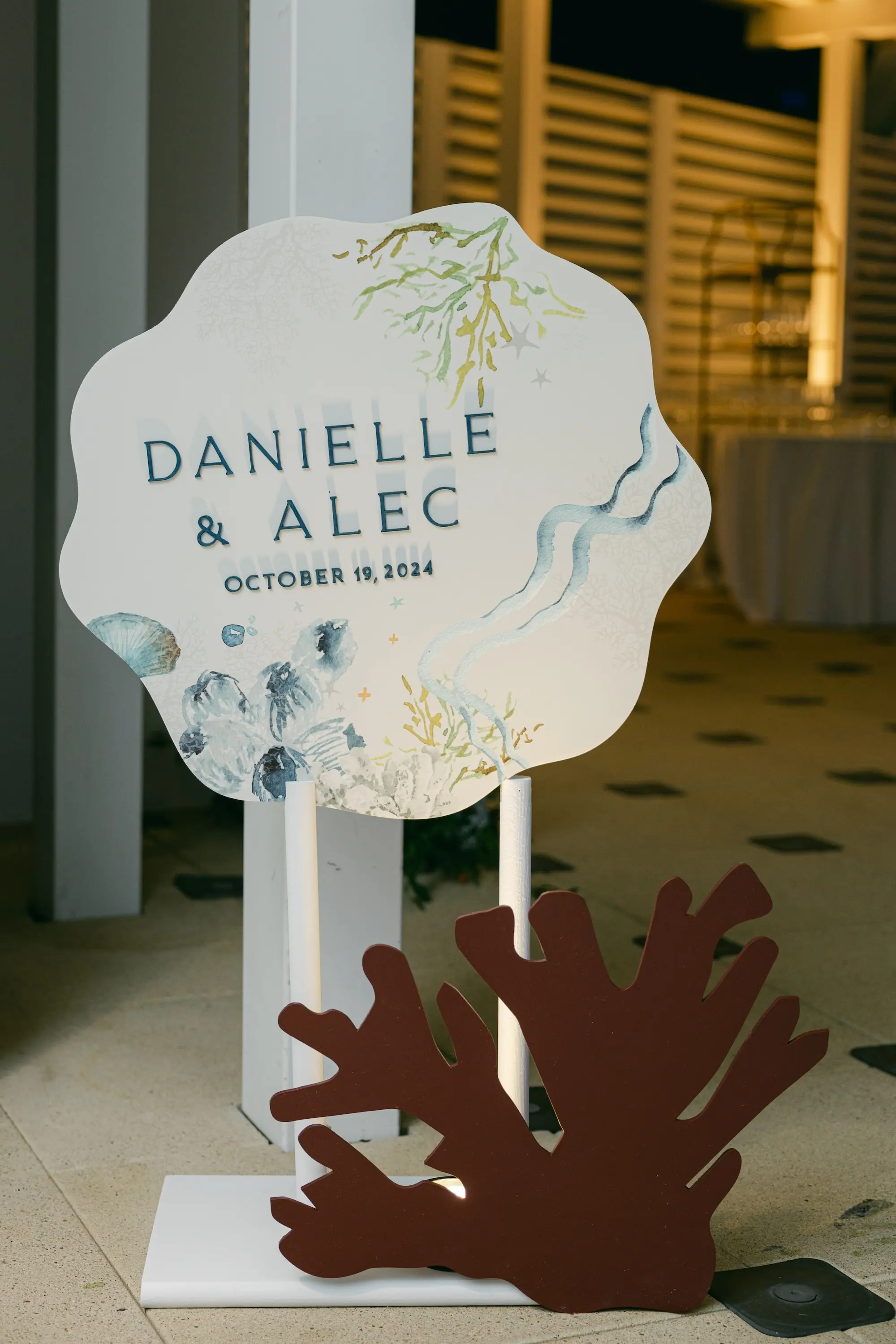 White and Blue Ocean Themed Wooden Wedding Reception Welcome Wedding Sign with Reef Life Decor Ideas