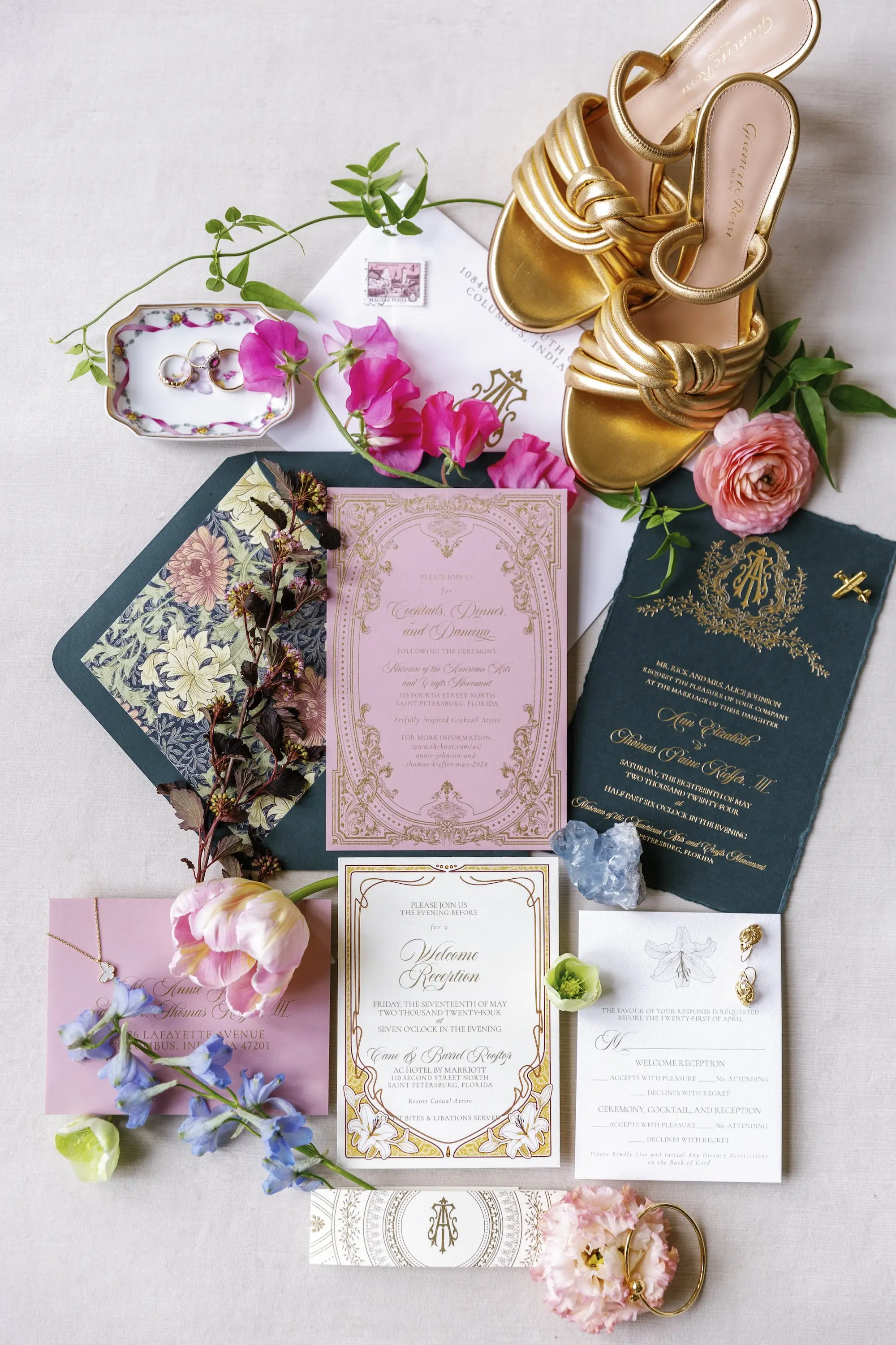 Colorful Blush Pink Dark Blue with Gold Accents Wedding Invitation Suite Inspiration | Metallic Gold Knotted Gianvito Rossi Heeled Wedding Ceremony Shoes Inspiration | Bright Pink, Blush, Blue and Purple Floral Ideas | St Pete Florist Bruce Wayne Florals | Florida Luxury Planner Parties A'La Carte