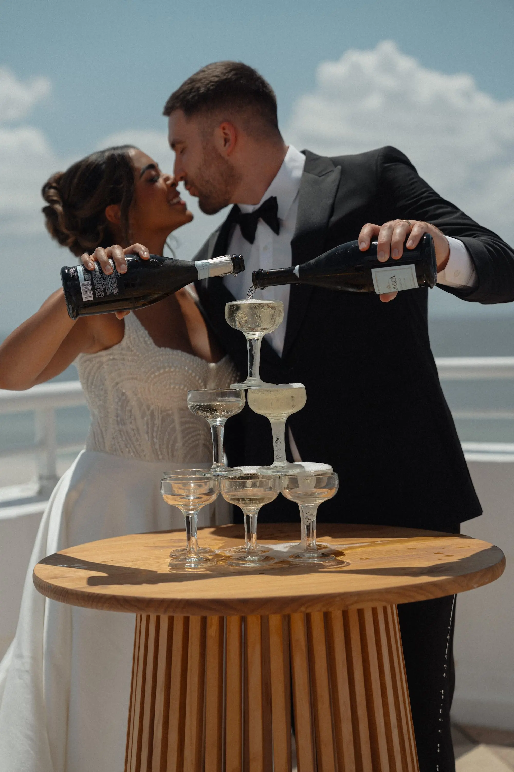 Bride and Groom Champagne Tower Wedding Portrait