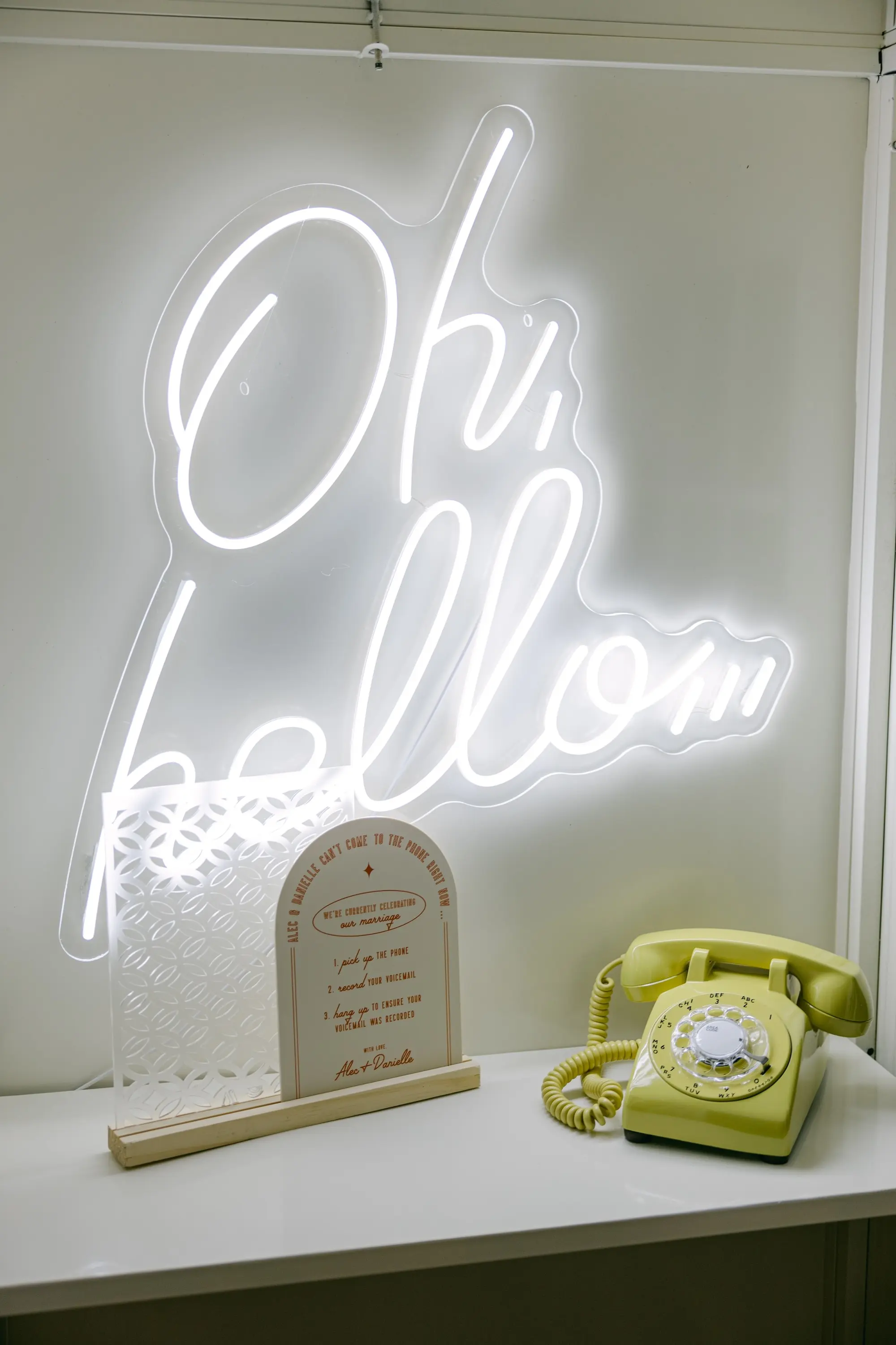 Telephone Booth Wedding Guest Book Inspiration | Neon Sign Wedding Reception Decor Ideas