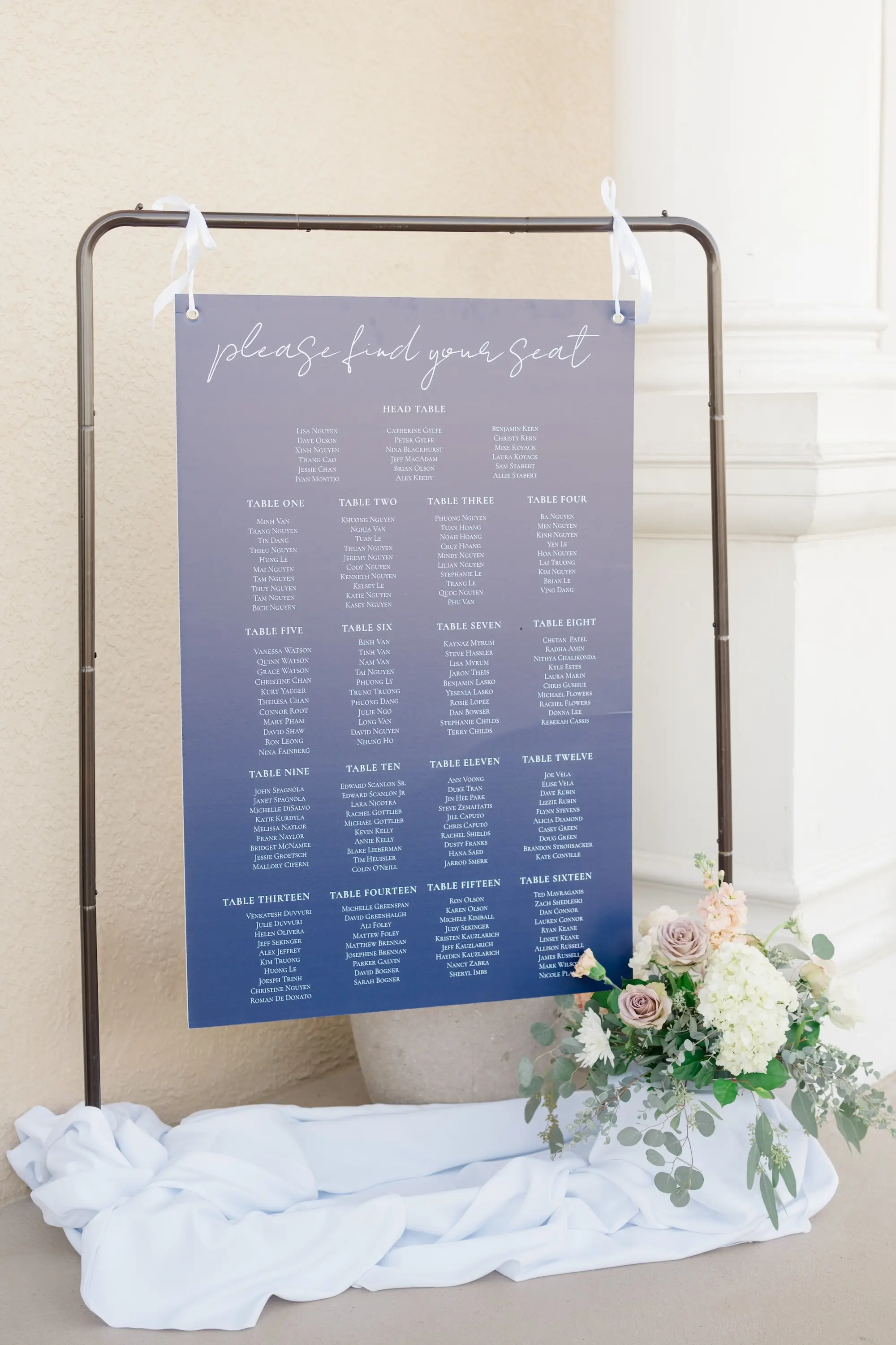 40Romantic Pastel and Navy Sarasota Wedding Inspiration jpg - Timeless Gold and Green Sarasota Wedding | Lakewood Ranch Golf & Country Club Navy Blue Cardstock Wedding Reception Seating Chart Hanging From Black Clothes Rod with White Ribbon Wedding Decor Inspiration
