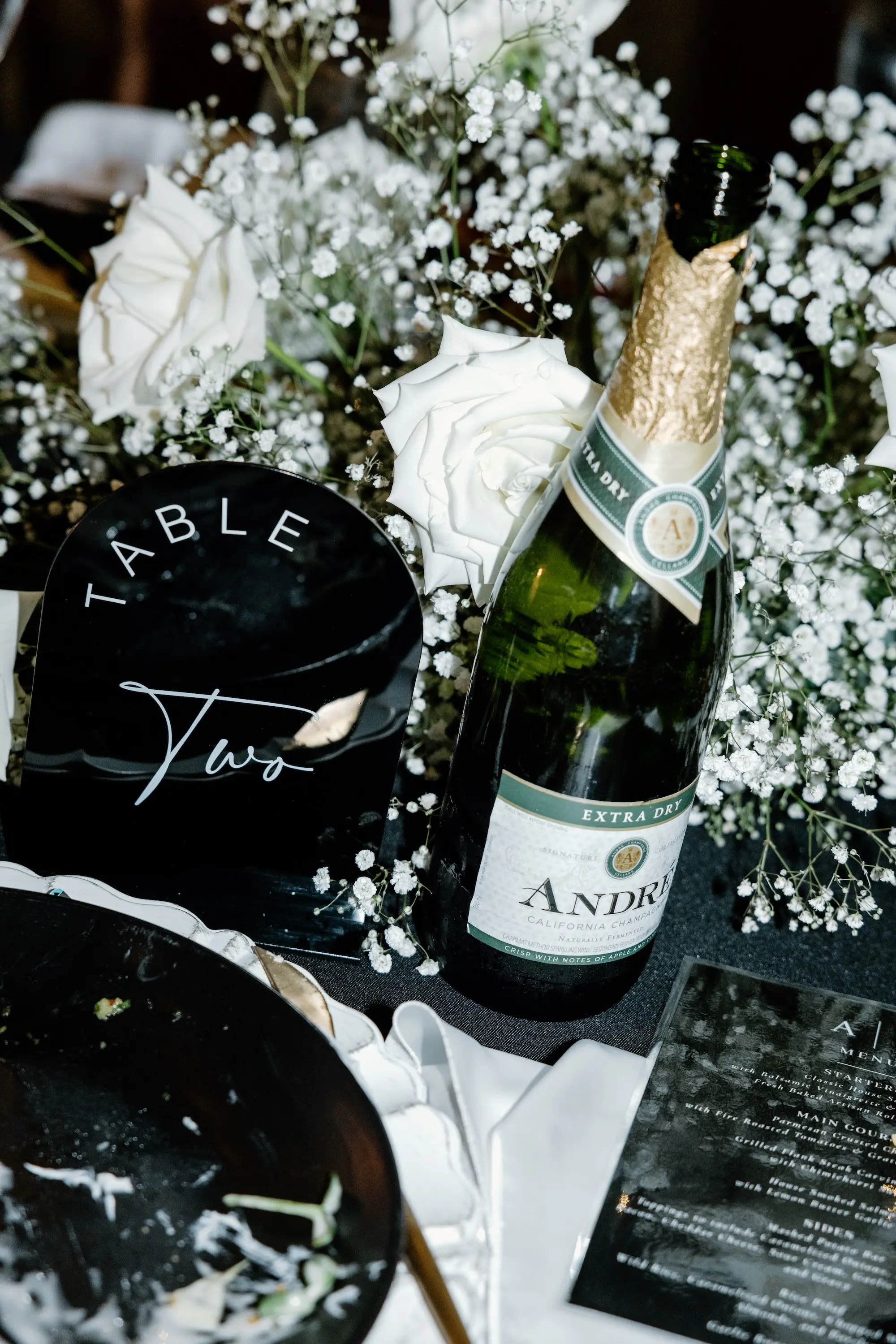 Baby's Breath and White Roses Wedding Reception Decor Table Centerpieces Ideas | Black Acrylic with White Writing Table Numbers Inspiration | Black and White Classic European Style Estate Wedding Inspiration