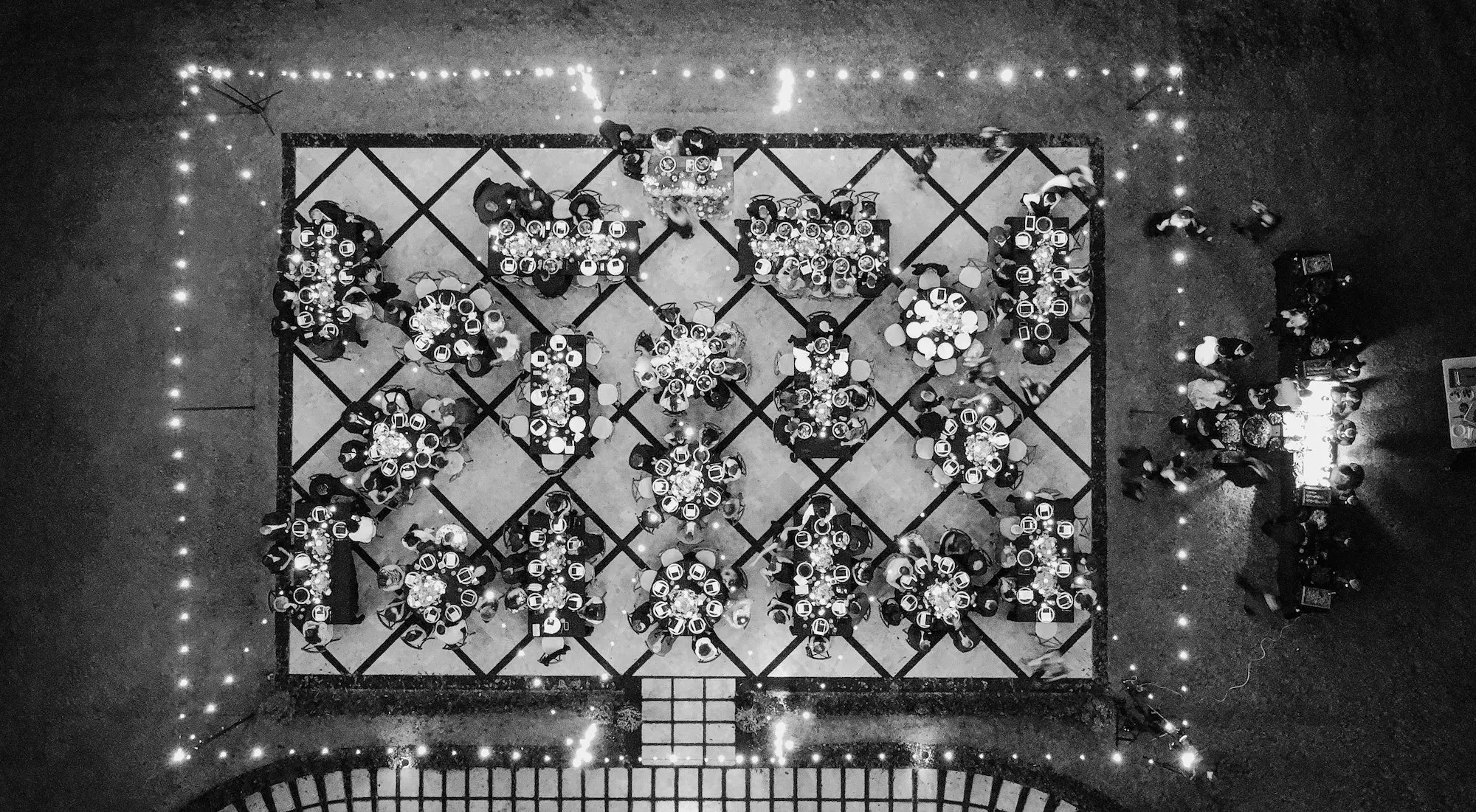Outdoor European Inspired Black and White Winter Wedding with Travertine Terrace Reception Inspiration | Brooksville Event Venue La Hacienda on Snow Hill