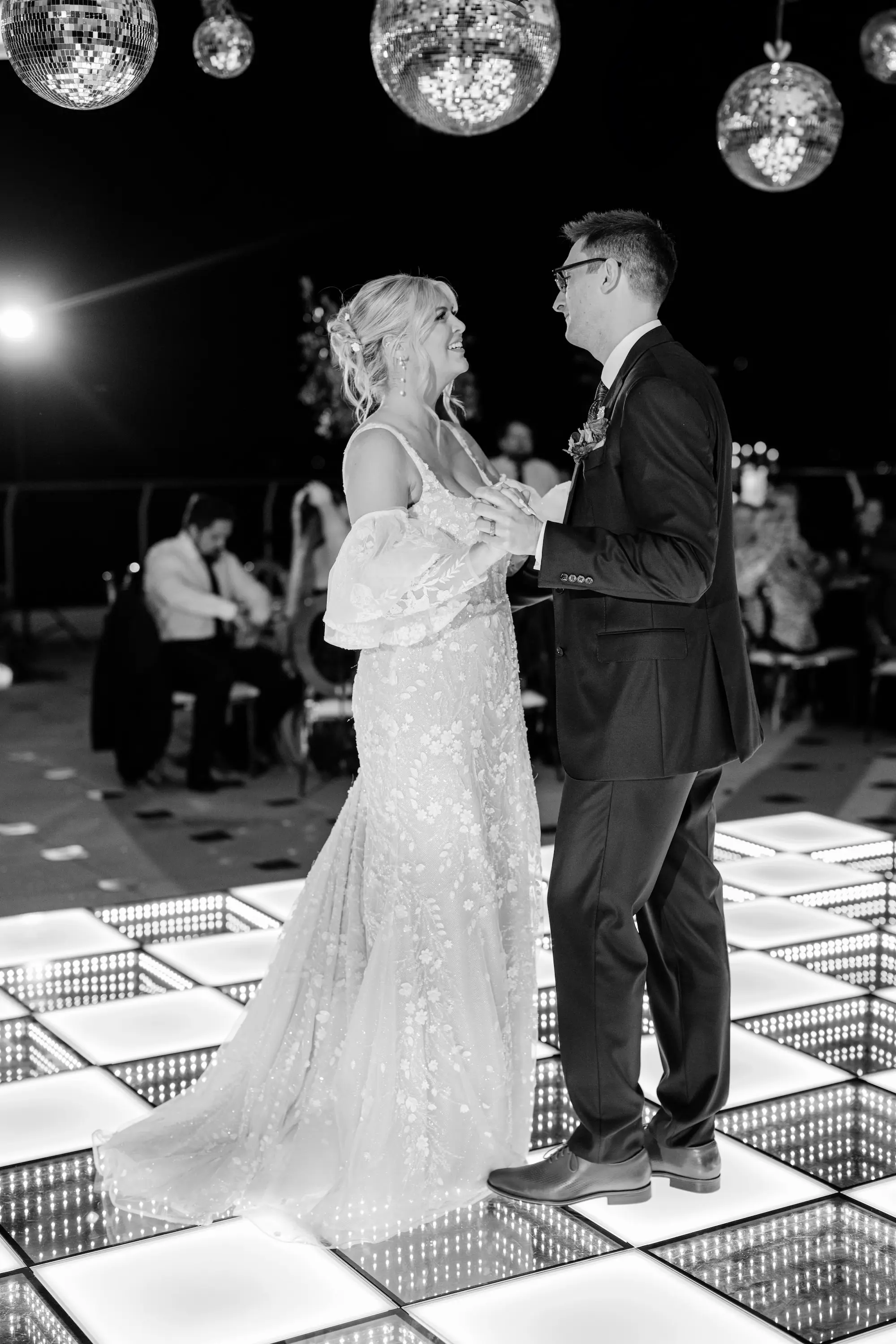 Bride and Groom First Dance Wedding Portrait | Tampa Bay DJ Co | Content Creator Behind The Vows | Disco Balls Wedding Reception Decor Inspiration