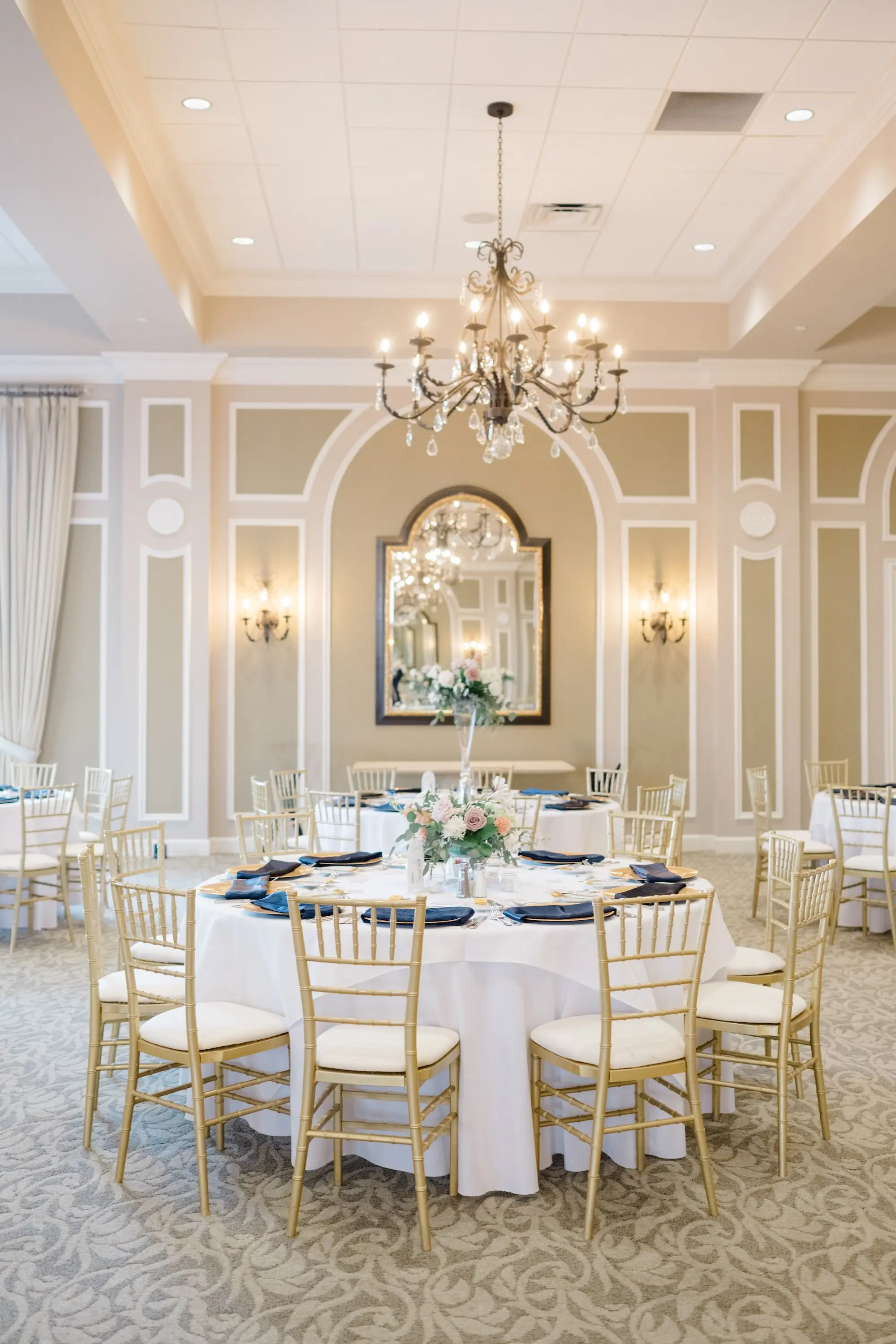 42Romantic Pastel and Navy Sarasota Wedding Inspiration Lakewood Ranch Country Club jpg - Timeless Gold and Green Sarasota Wedding | Lakewood Ranch Golf & Country Club Luxurious Ballroom Wedding Reception | Modern Gold Chairs at Round Tables with White Linens Inspiration| Short and Tall Centerpieces with White and Blush Flower Arrangement Ideas | Sarasota Wedding Venue Lakewood Ranch Golf and Country Club