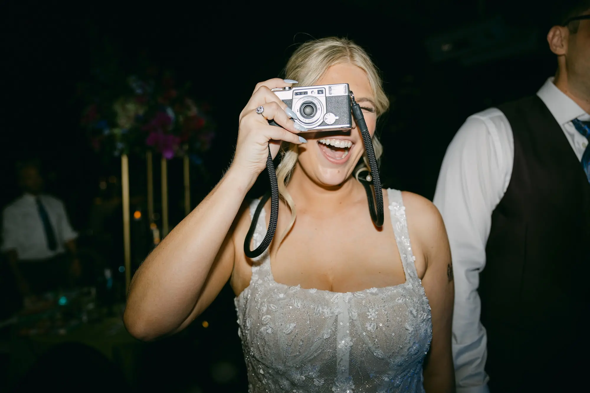 Bride Wedding Portrait with Vintage Camera | Square Neckline Wedding Gown with Delicate Intricate Beadwork Sequins Inspiration | Tampa Bay Content Creator Behind The Vows