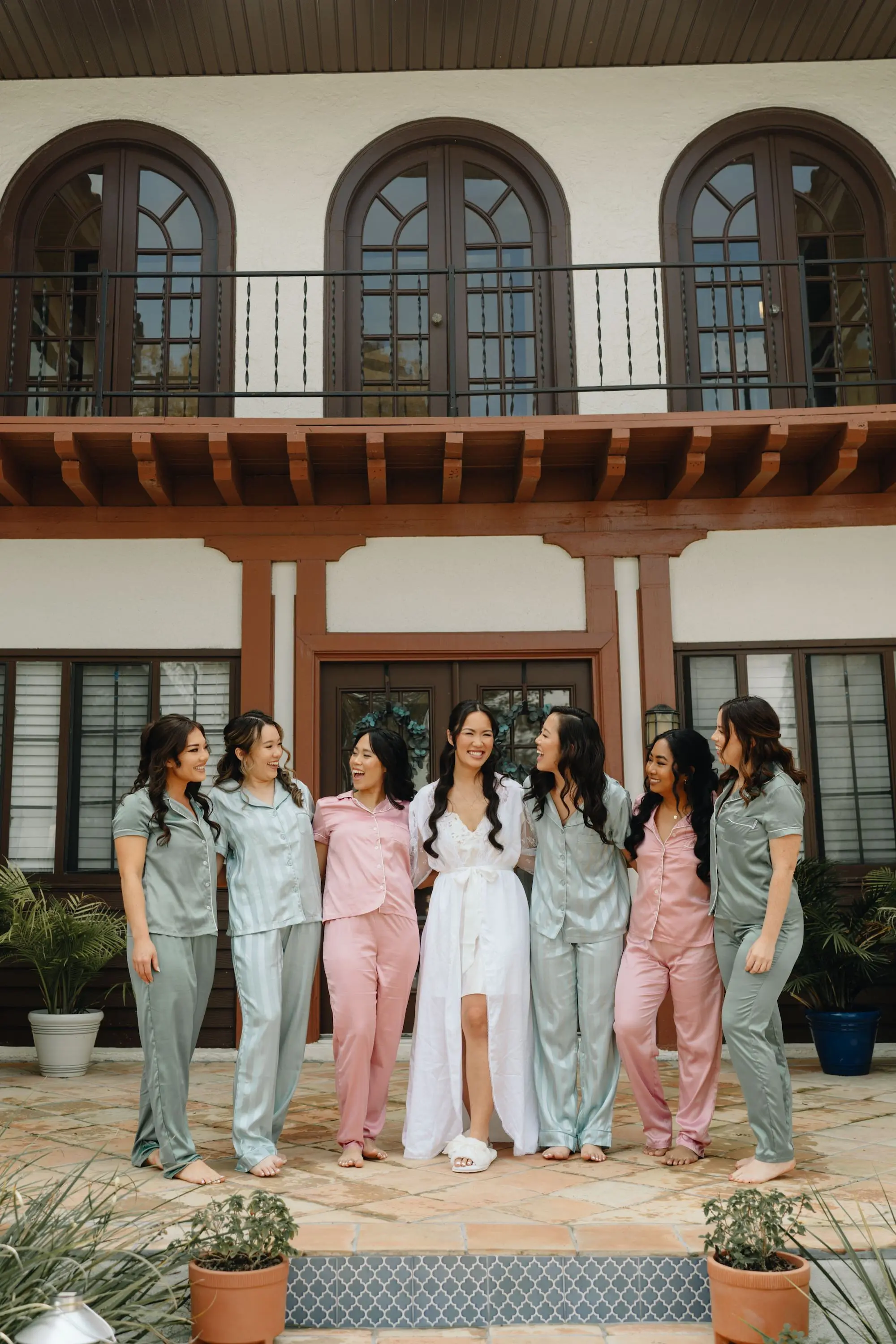 Sage Green and Pink Mismatched Bridesmaids Wedding Day Pajamas Ideas