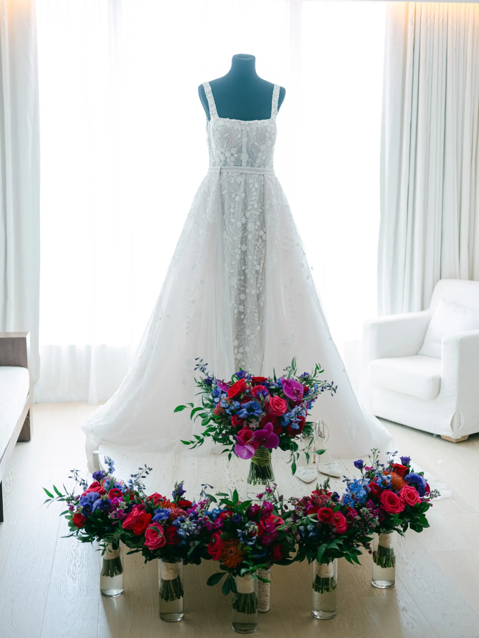 Fitted Bodice White Floral Martina Liana Wedding Dress with Removable Train Ideas | Vibrant Pink, Purple, and Blue Flowers with Greenery Bouquet Inspiration