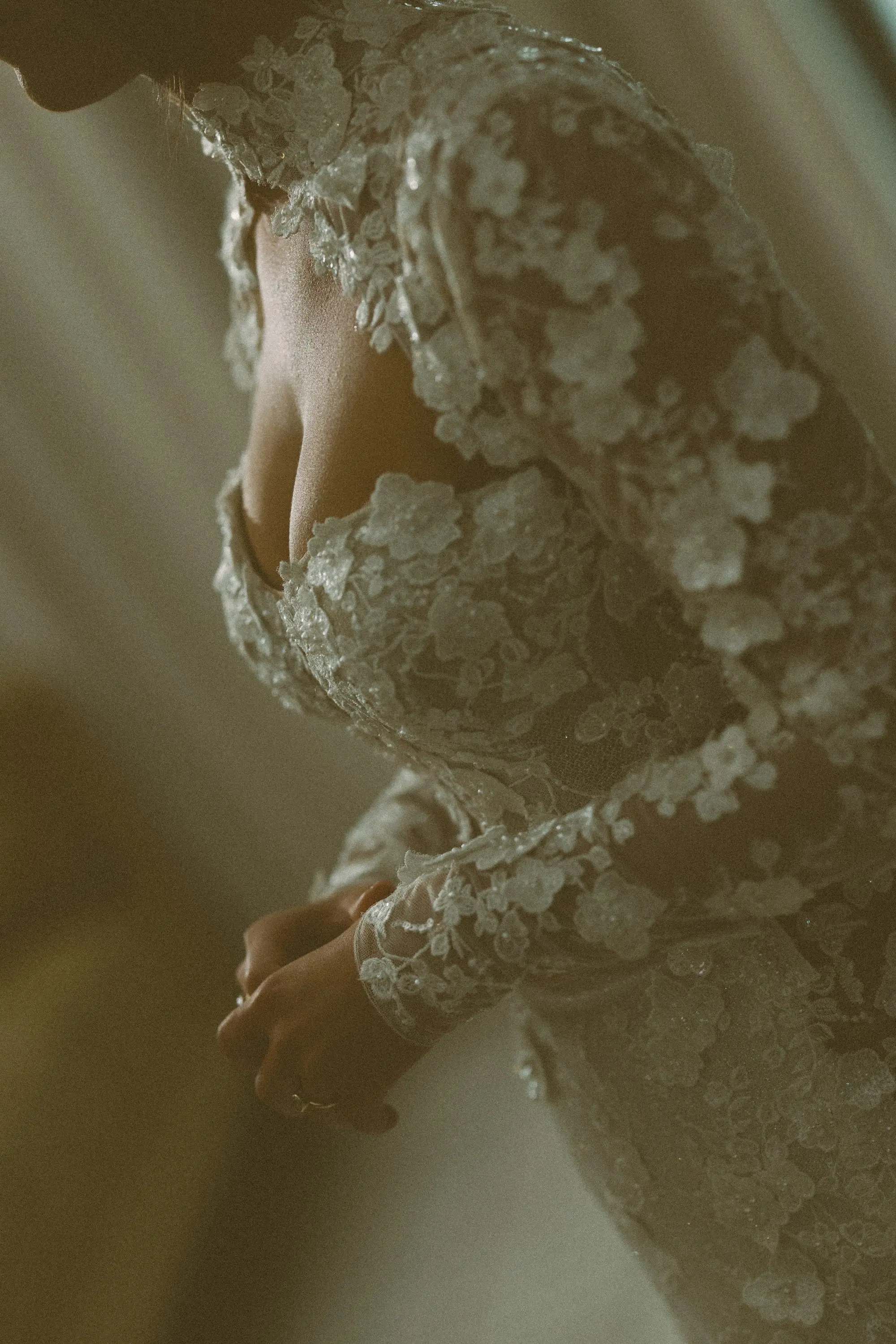 Bride Wedding Portrait | Intricate Floral Lace Fitted Silhouette Liz Young Wedding Gown with Long Sleeves, High Neckline with a Bolero-Style Lace Overlay Inspiration