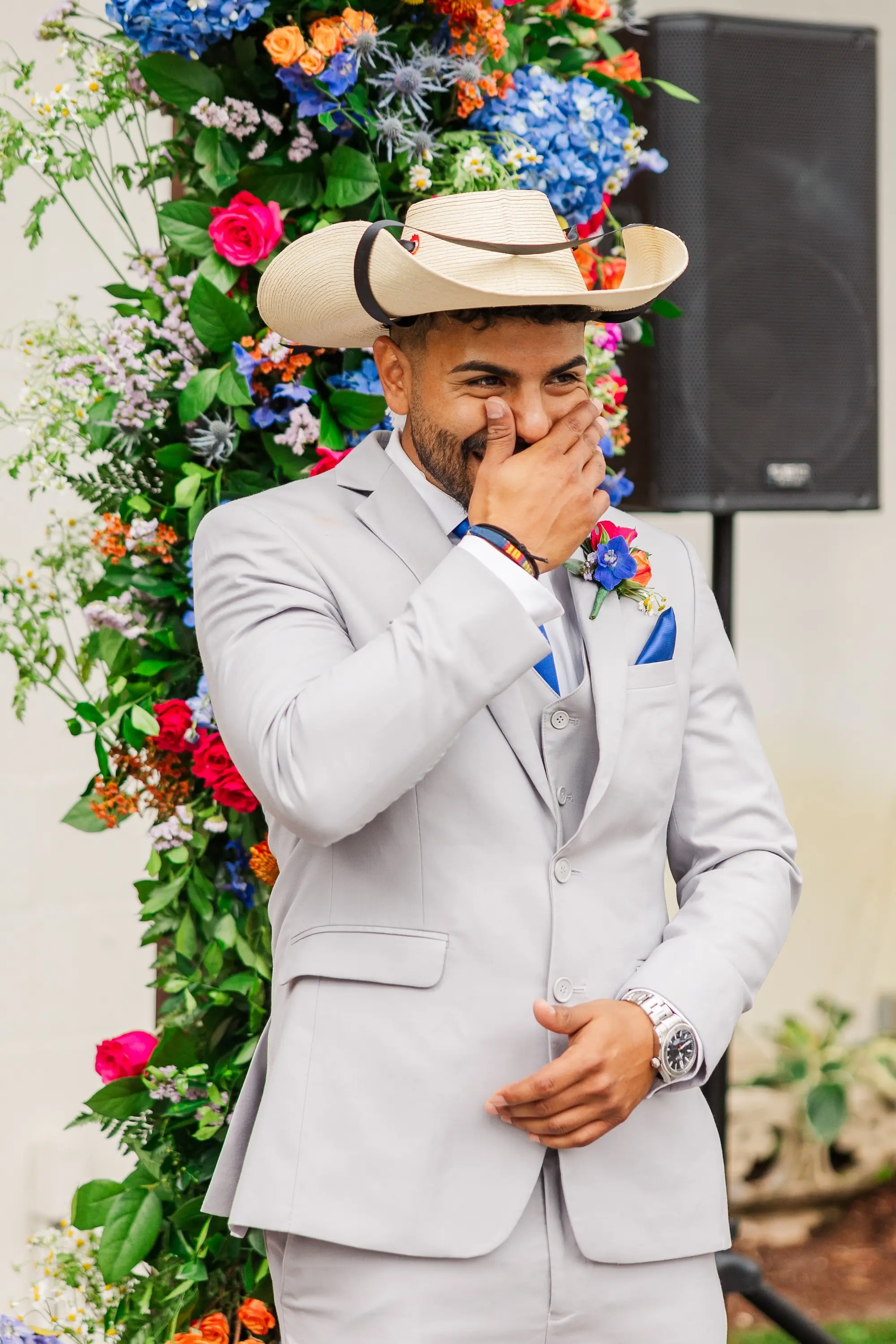 12Vibrant Blue Mexican Wedding Ideas - “Best Of” 2025: Wedding Portraits Bright Blue Mexican Wedding Ceremony Decor Inspiration | Groom's Reaction to Bride Walking Down Wedding Ceremony Aisle | Tampa Bay Photographer Mary Anna Photography