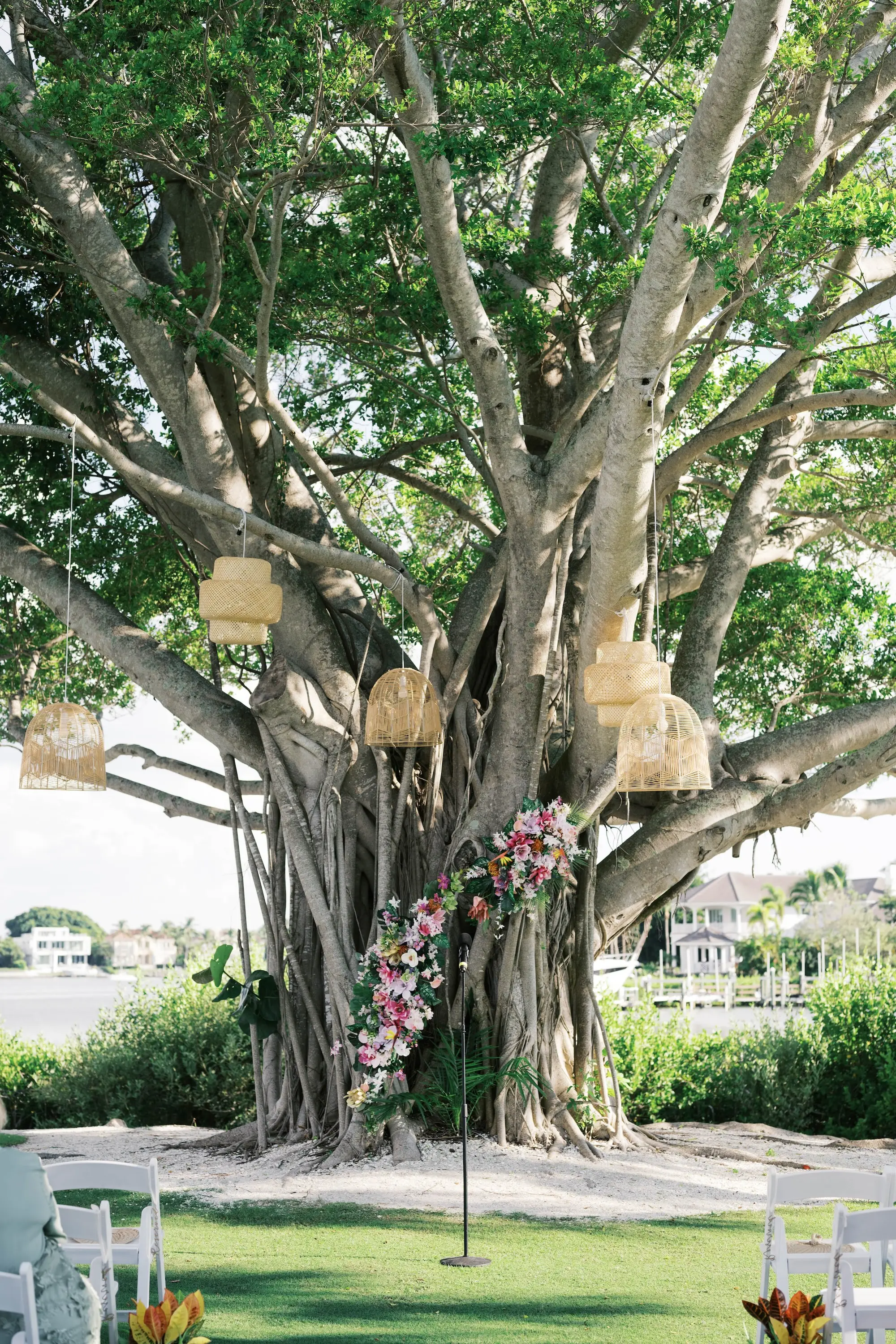 Tropical Pink Flower and Greenery Wedding Ceremony Arch Decor Ideas | Sarasota Event Venue Resort at Longboat Key Club