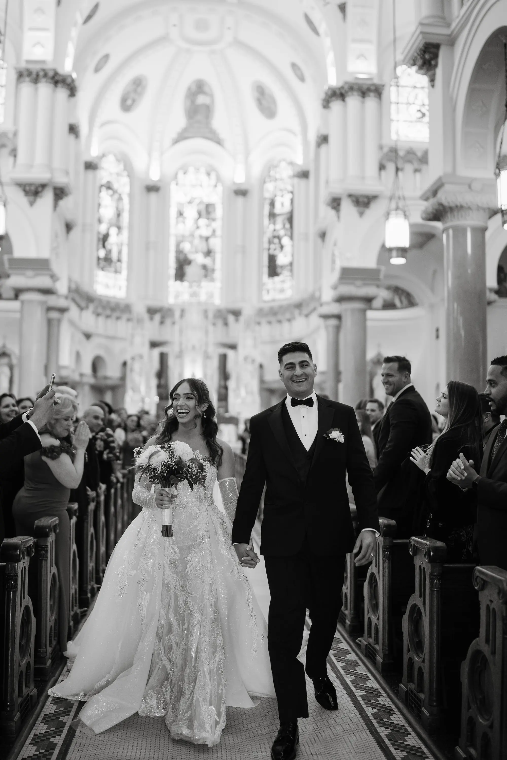 14Classic Gold Italian Inspired Wedding Ideas Tampa Venue Sacred Heart Church - Classic, Gold Tampa Wedding | The Italian Club of Tampa Bride and Groom Just Married Black and White Wedding Ceremony Aisle Portrait | Sacred Heart Catholic Church Wedding Ceremony Venue | Traditional Catholic Wedding Ceremony Event Ideas | Tampa Bay Photographer Sabrina Autumn Photography