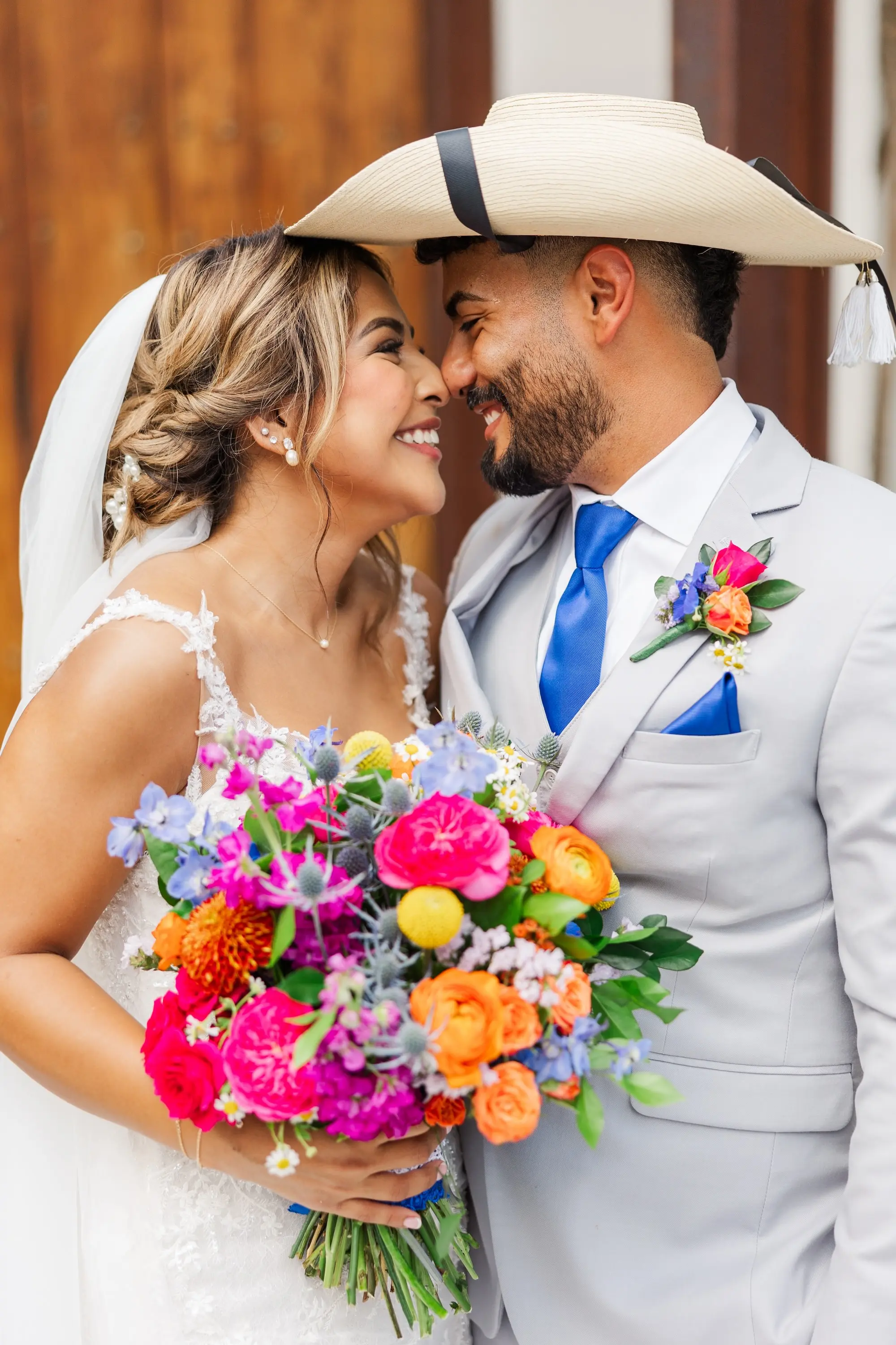 22Vibrant Blue Mexican Wedding Ideas - “Best Of” 2025: Wedding Portraits Bride and Groom Wedding Portrait | Vibrant Colorful Bridal Bouquet of Bright Pink, Orange and Blue Flowers with Greenery Inspiration | Tampa Bay Photographer Mary Anna Photography