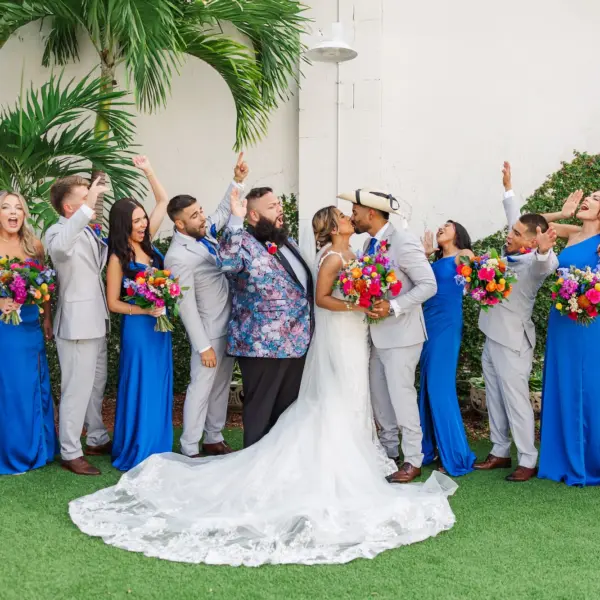 24Vibrant Blue Mexican Wedding Ideas - Blue Mexican-Inspired Winter Haven Wedding | Venue 650 Bride and Groom with Bridal Party Wedding Portrait | Tampa Bay Photographer Mary Anna Photography