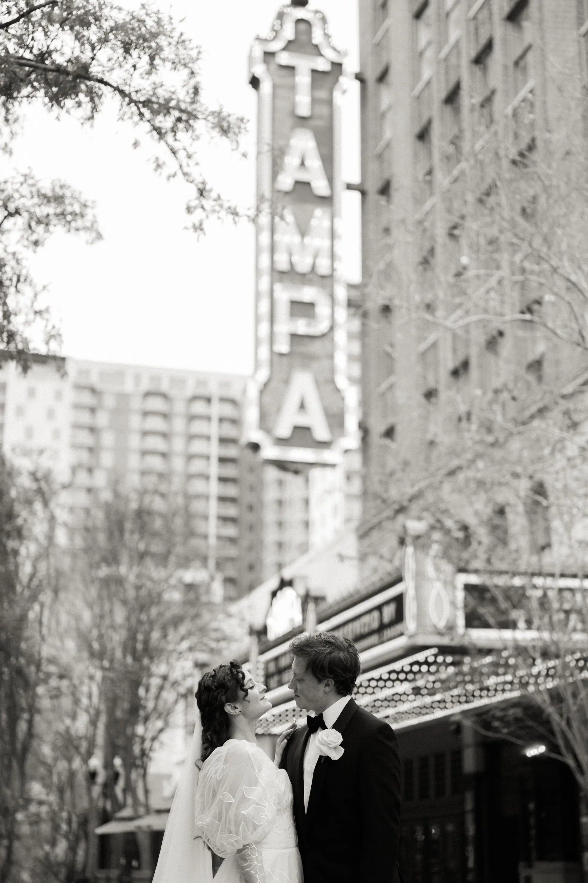 Black and White Bride and Groom Wedding Portrait Downtown Tampa Theater