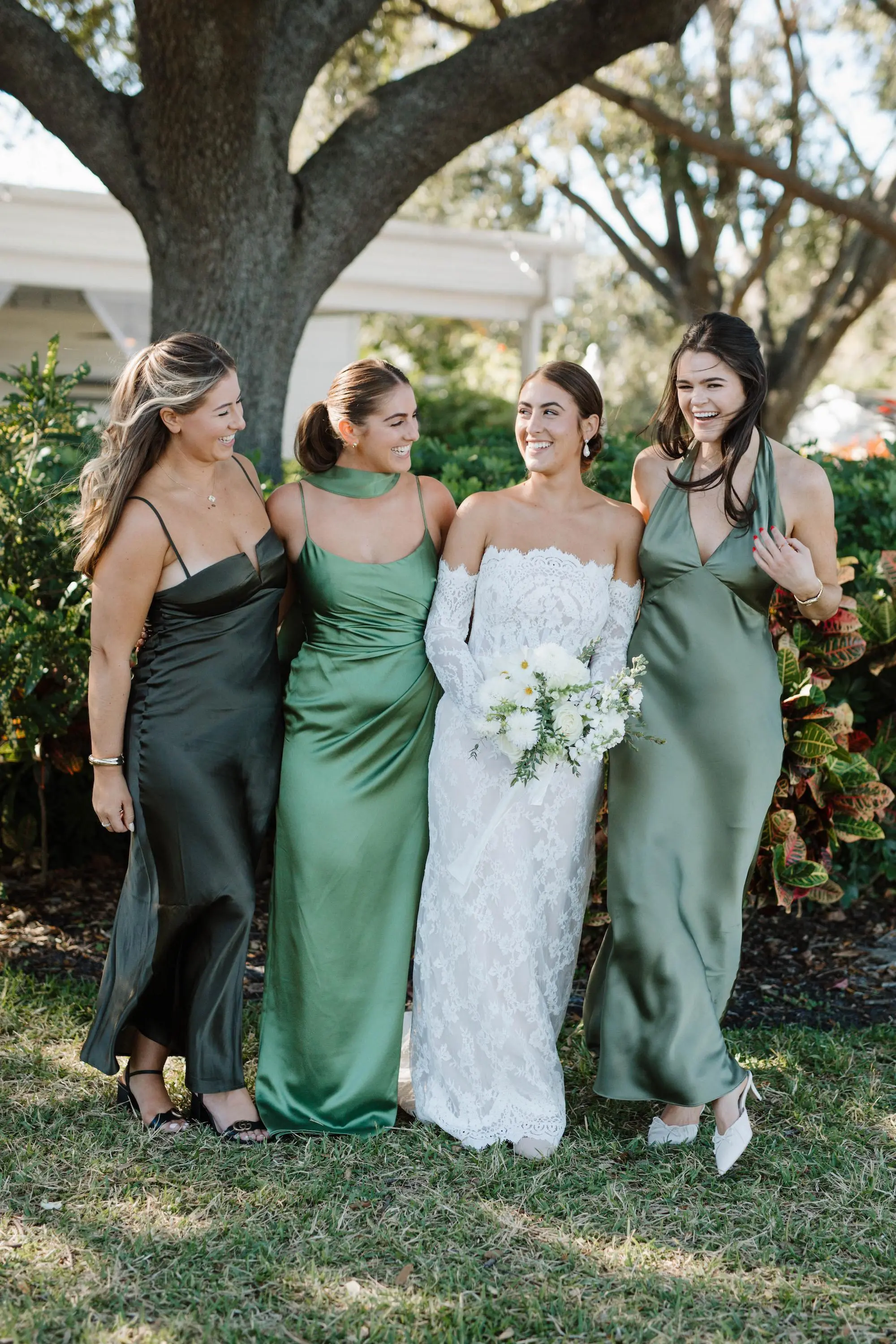 Bridesmaids In Mismatched Satin Green Wedding Dress Inspiration