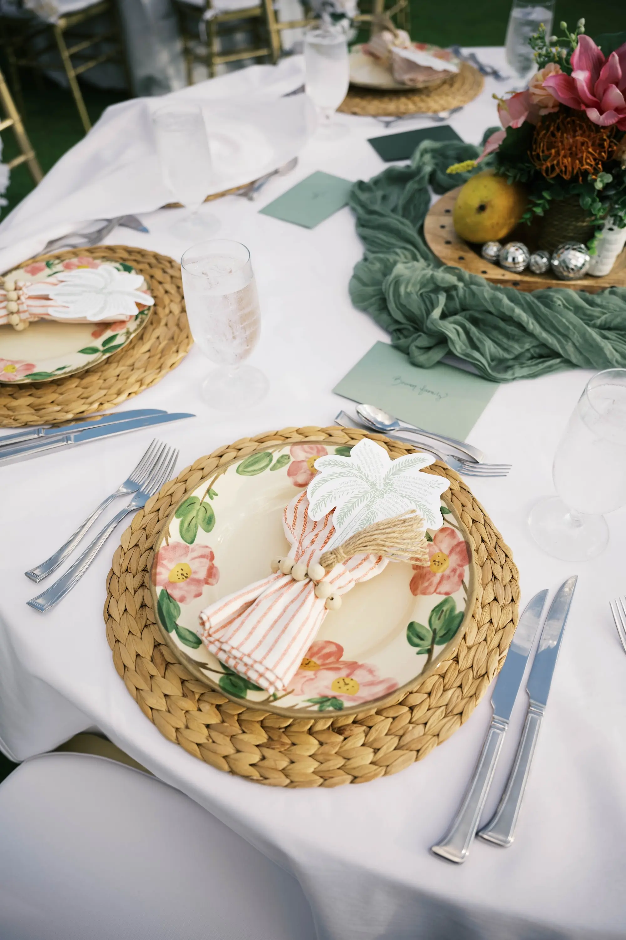 Tropical Pink and Green Wedding Reception Place Setting Decor Inspiration
