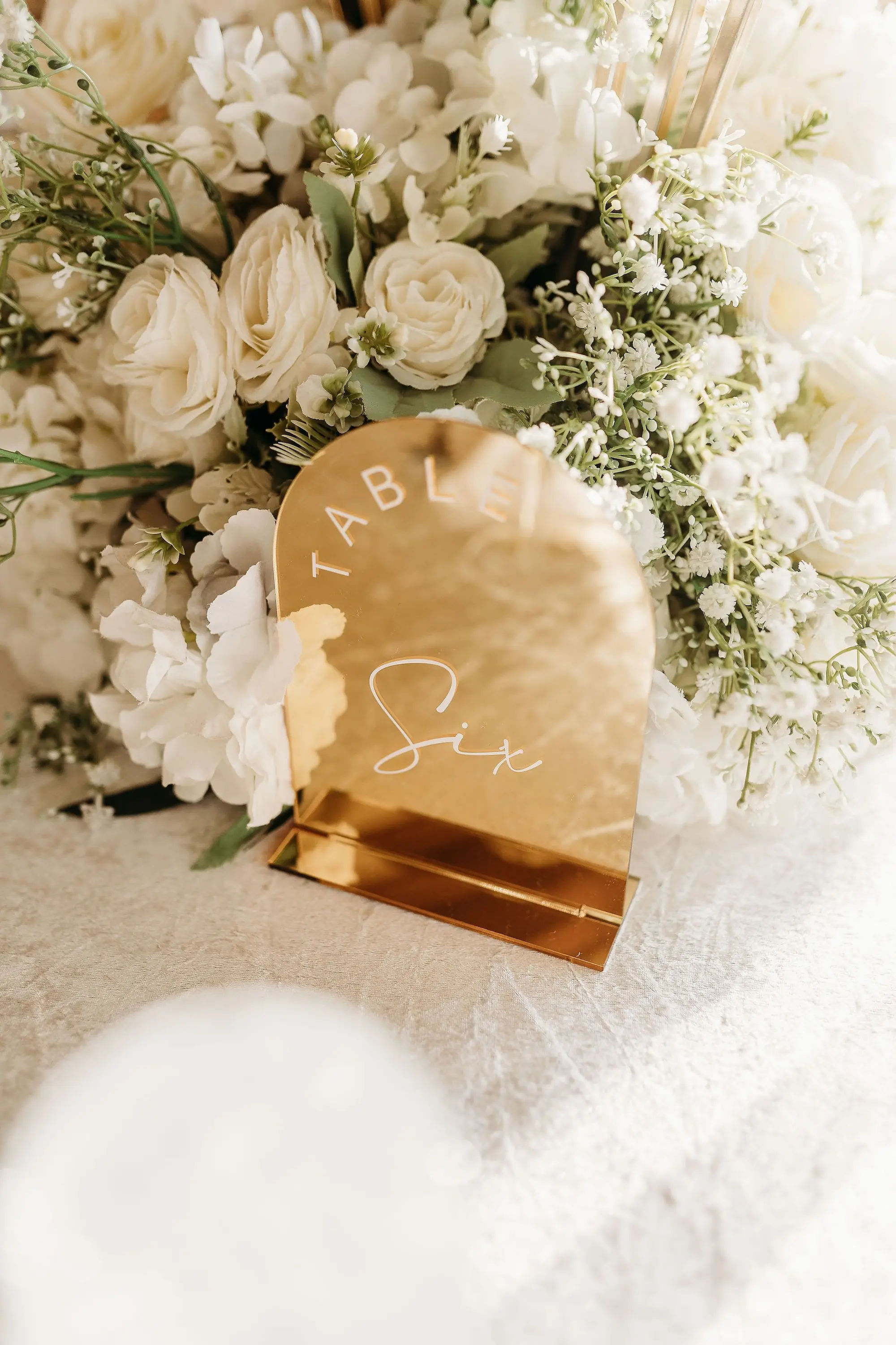 34Classic Gold Italian Inspired Wedding Ideas - Classic, Gold Tampa Wedding | The Italian Club of Tampa Monochromatic White Roses and Floral Centerpieces Wedding Reception Tablescape Decor Inspiration | Gold Plated Table Number Ideas
